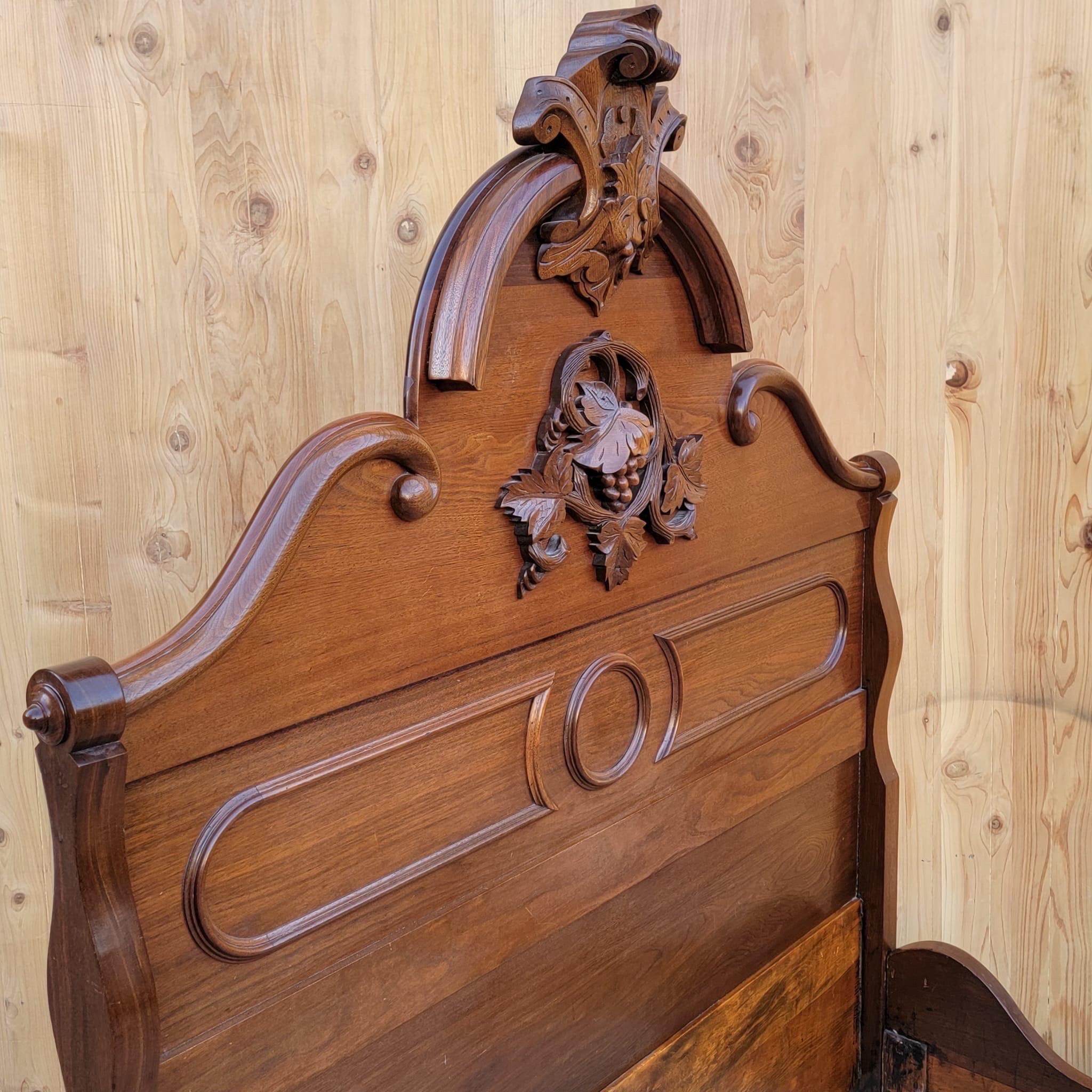 19th Century Antique Renaissance Victorian Hand Carved Black Walnut Full Size Bed Frame For Sale