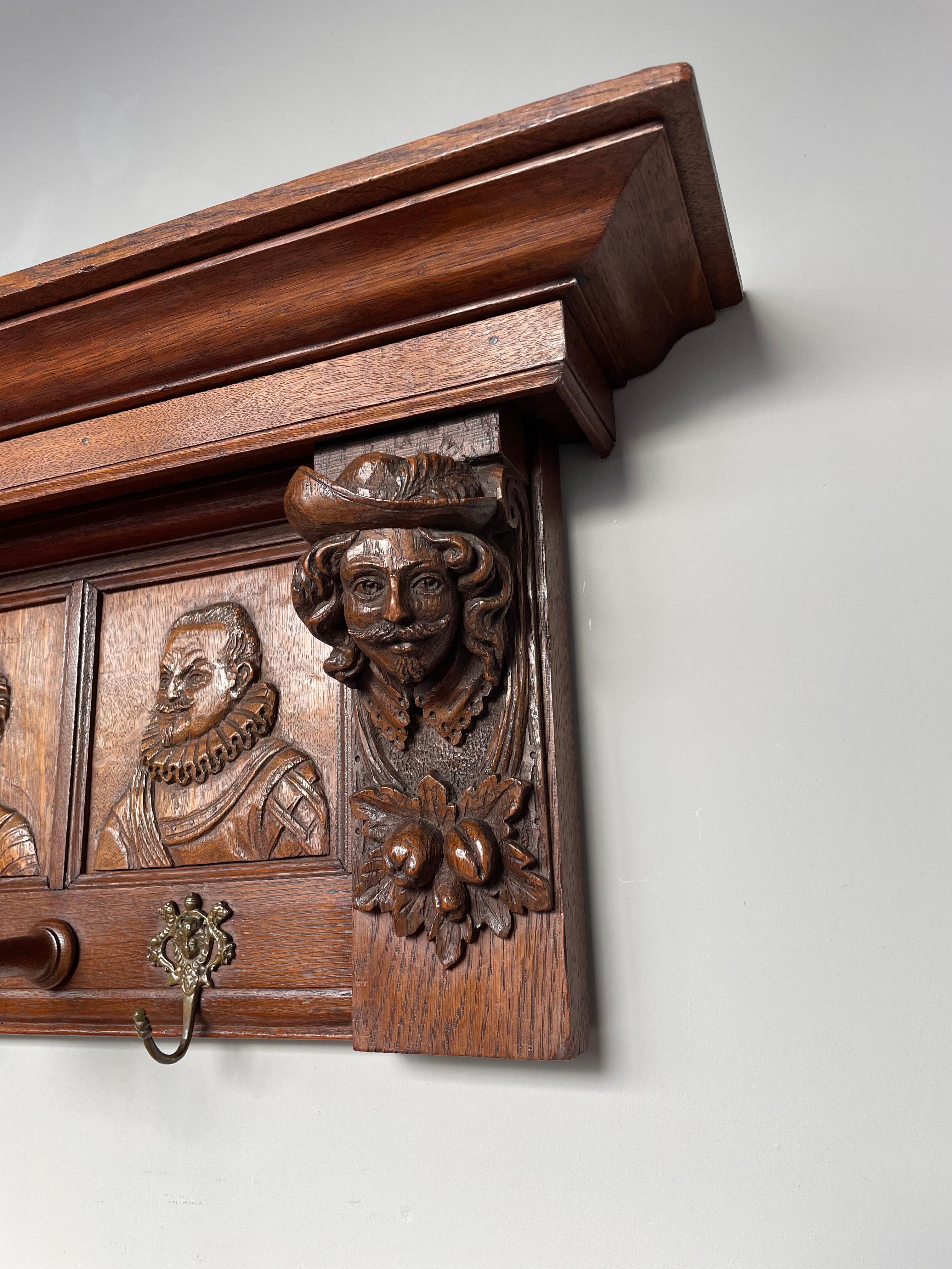 Hand-Carved Antique Renaissance Wall Coat Rack Homage to Rembrandt & The Night Watch ca 1880 For Sale