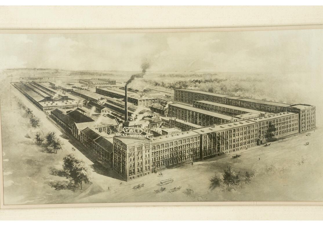 Rendu antique datant d'environ 1897 d'une vue de la photographie aérienne de l'immense complexe de la société de fabrication résidant autrefois à Stamford, Connecticut.
L'image mesure 18 3/4 x 34 1/4