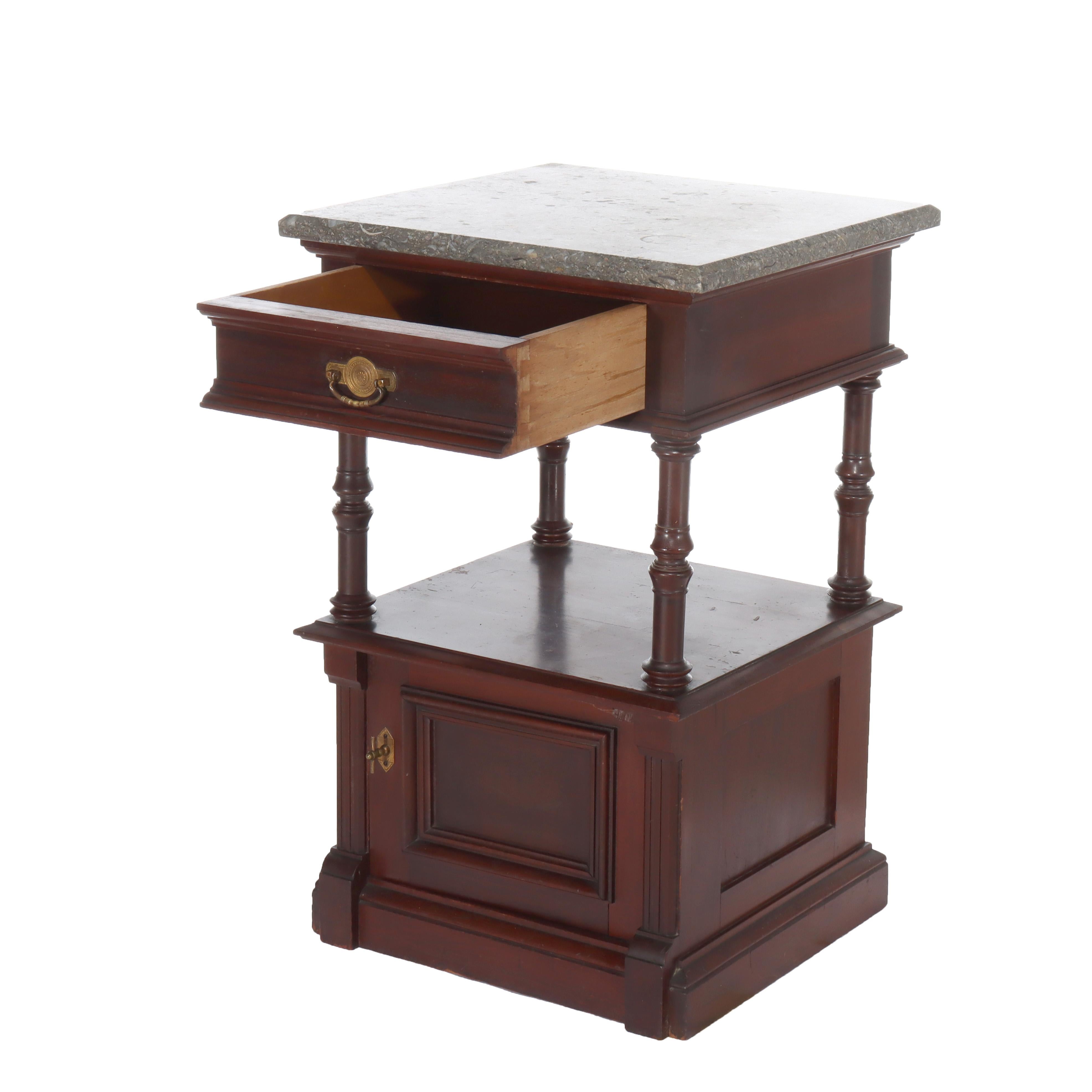 Noyer Antique Rennaisance Revival Walnut & Burl Marble Top Commode c1890 en vente