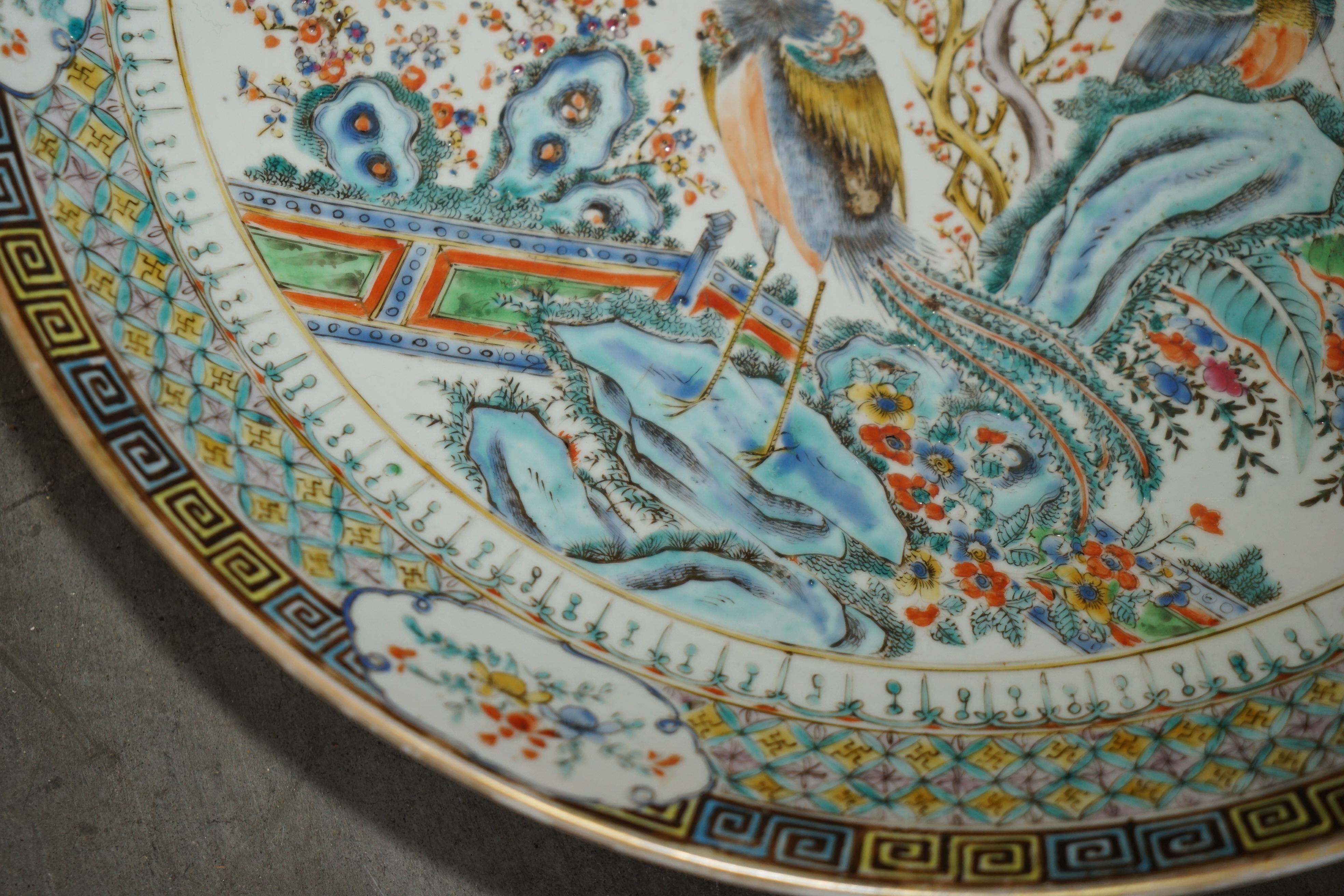 Hand-Crafted ANTiQUE REPAIRED 18TH CENTURY CHINESE FAMILLE VERTE PORCELAIN CHARGER PLATE For Sale