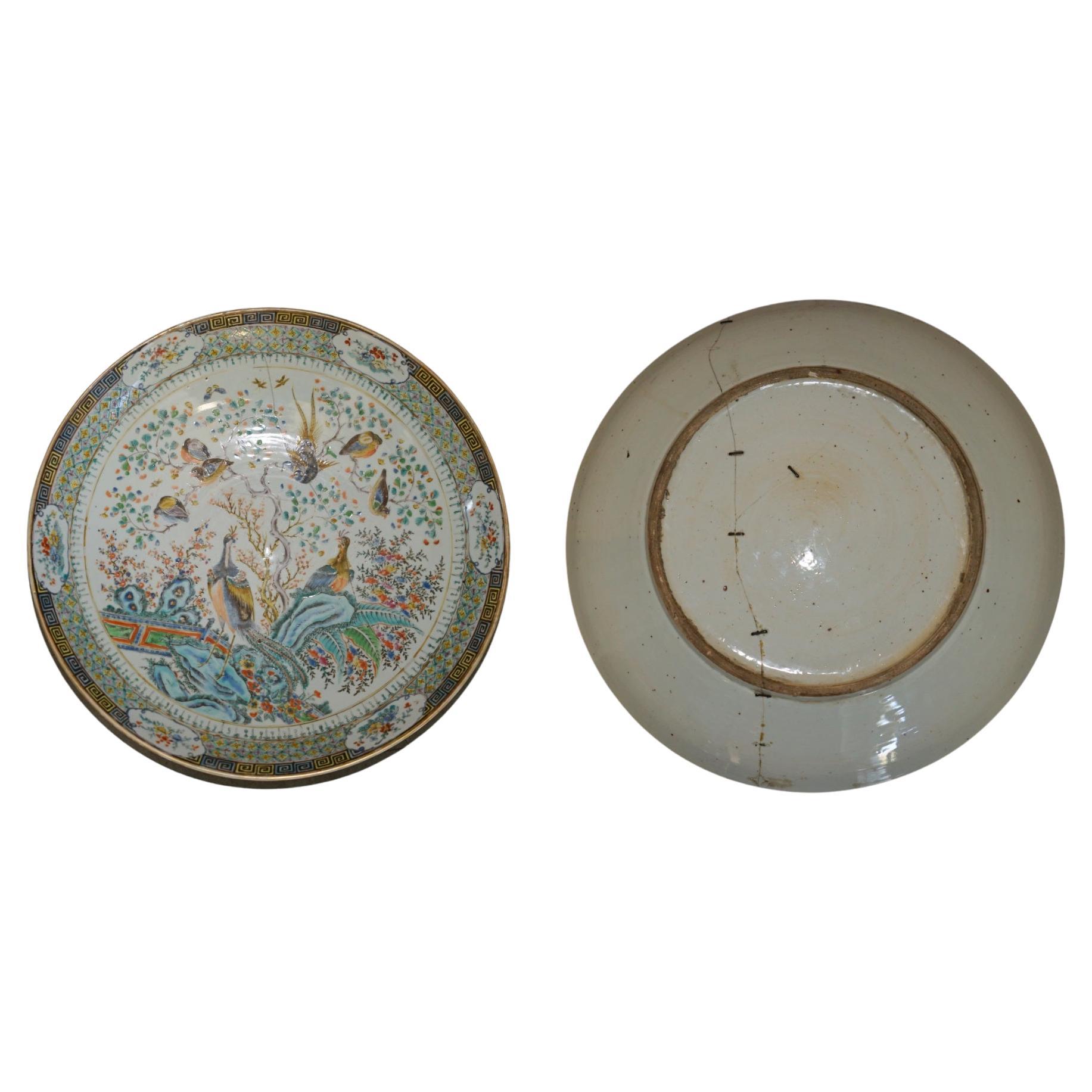 ANTiQUE REPAIRED 18TH CENTURY CHINESE FAMILLE VERTE PORCELAIN CHARGER PLATE