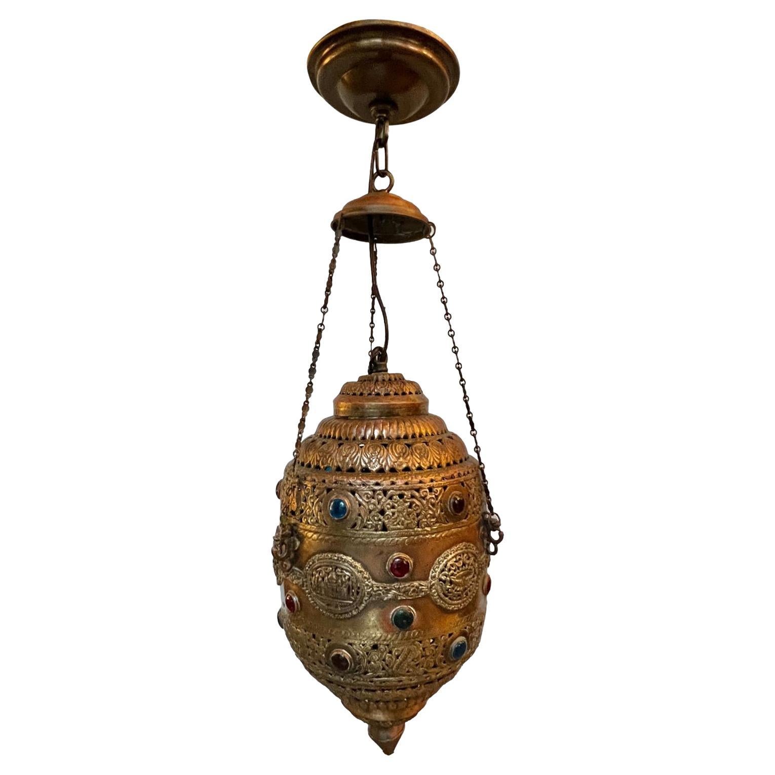 Antique Repousse' Metal Lantern For Sale