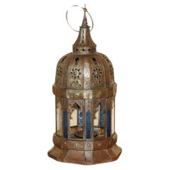 ANTIQUE REPOUSSE MOROCCAN BRONZED HANGING LANTERN COBALT BLUE GLASS PANELs