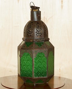 ANTIQUE REPOUSSE MOROCCAN BRONZED HANGING LANTERN JADE GREEN GLASS PANELs