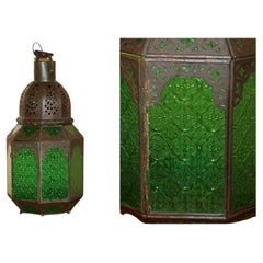 ANTIQUE REPOUSSE MOROCCAN BRONZED HANGING LANTERN JADE GREEN GLASS PANELs