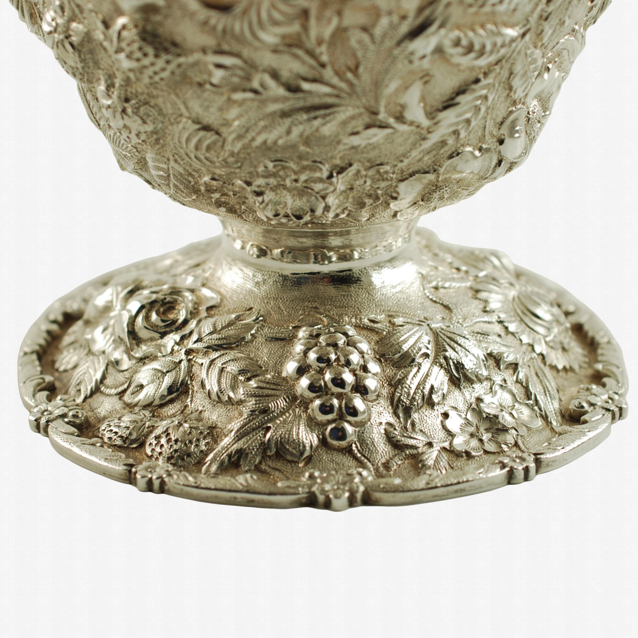 Antique Repoussé Sterling Silver Pedestal Bowl Fruit and Flower Motif For Sale 1