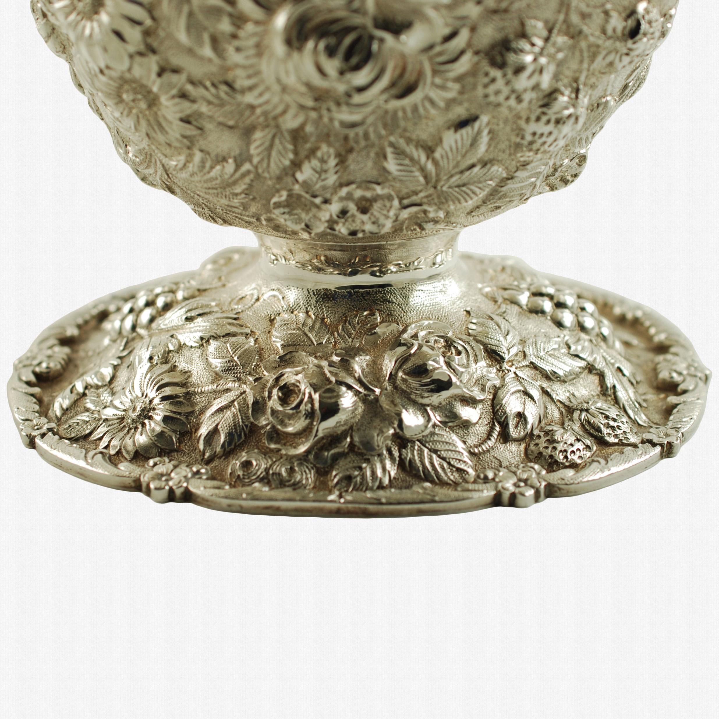 Antique Repoussé Sterling Silver Pedestal Bowl Fruit and Flower Motif For Sale 2