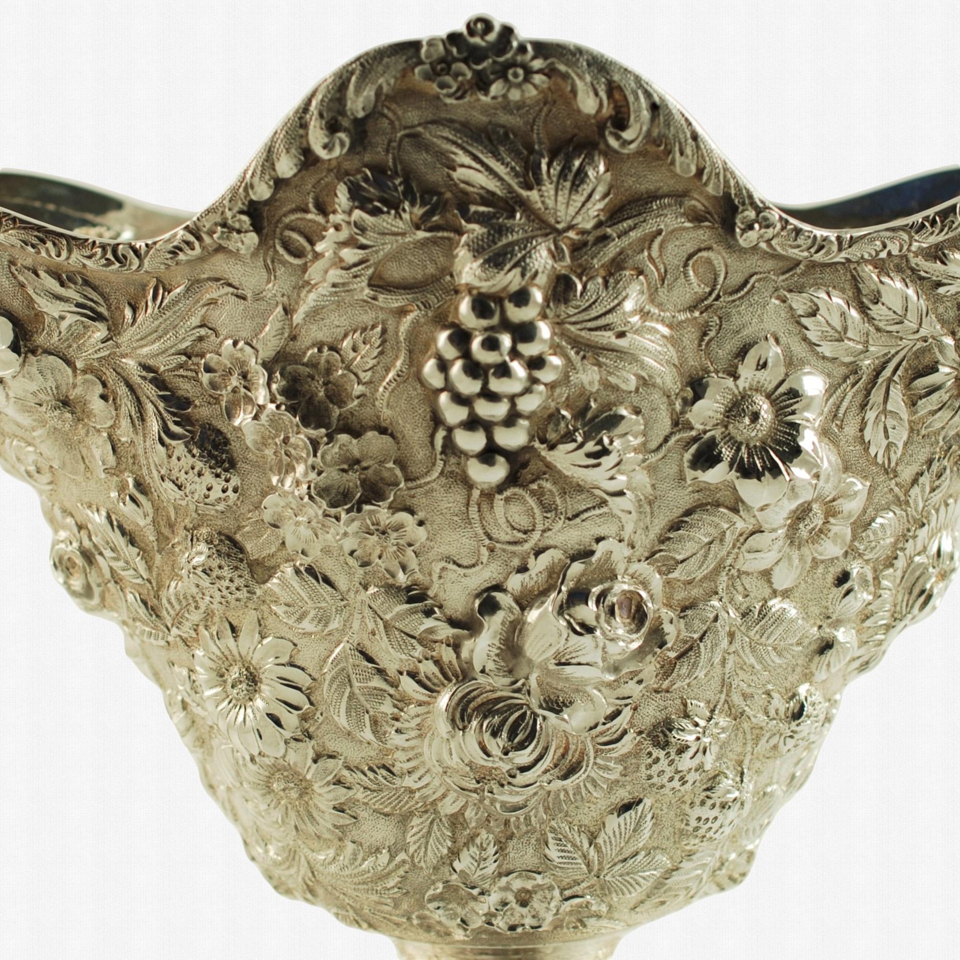 Antique Repoussé Sterling Silver Pedestal Bowl Fruit and Flower Motif In Good Condition For Sale In Cincinnati, OH