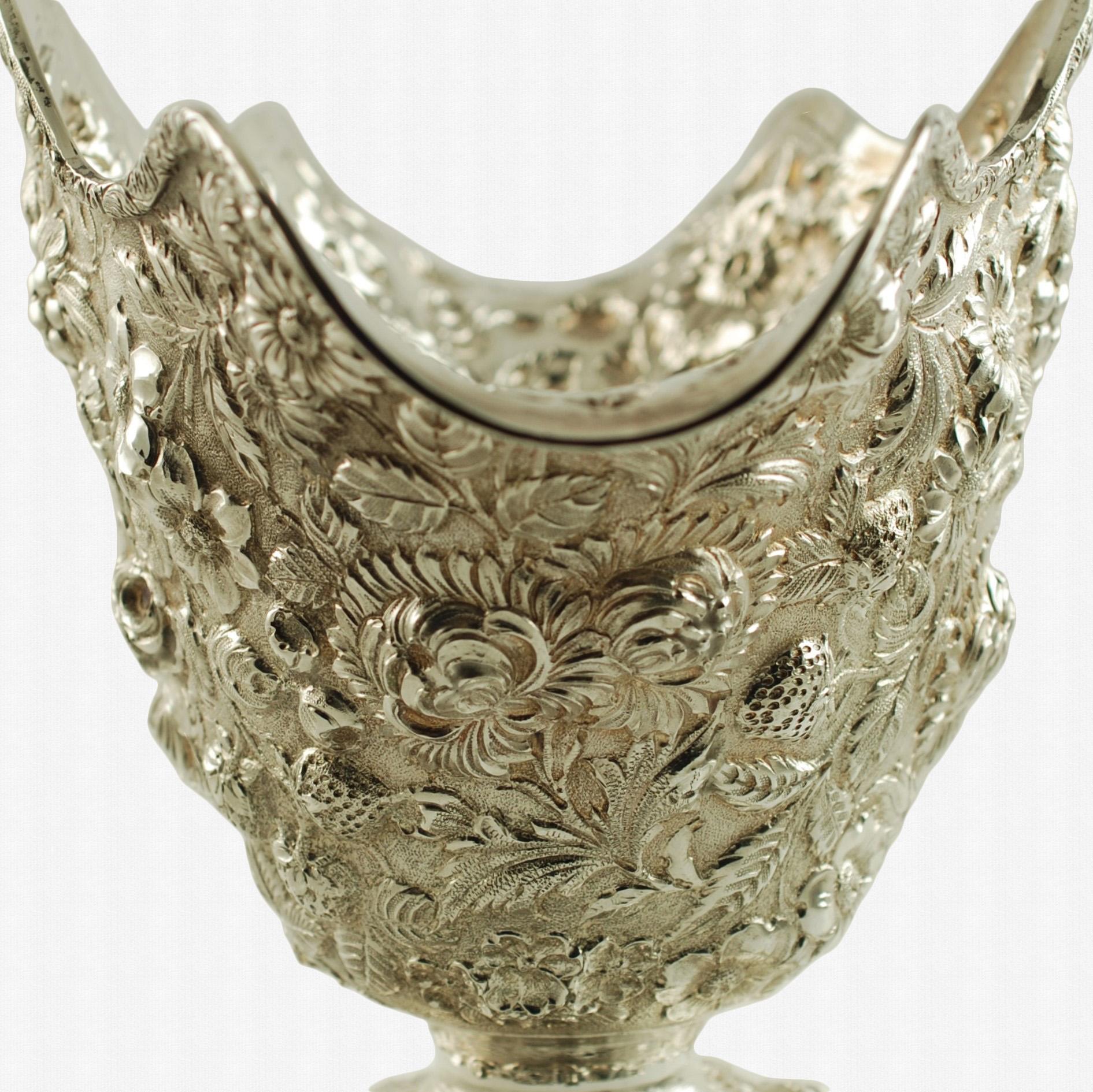 20th Century Antique Repoussé Sterling Silver Pedestal Bowl Fruit and Flower Motif For Sale