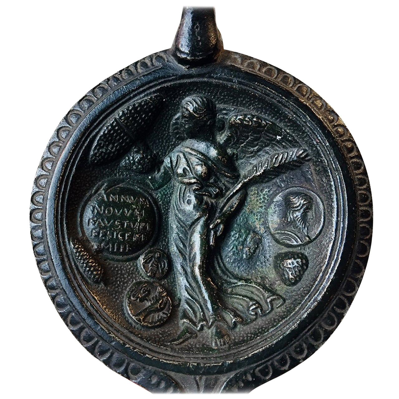 Antike Repro-Ölgemäldelampe aus antiker römischer Bronze, Annum Novum Faustum Felicem