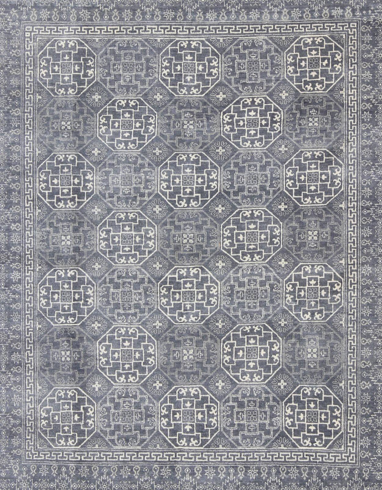 Hand-Knotted Antique Reproduction Indian Khotan Rug in Shades of Gray and Blue For Sale