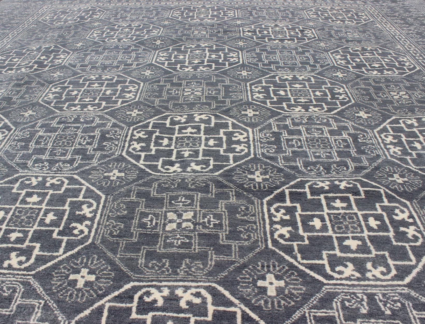 Wool Antique Reproduction Indian Khotan Rug in Shades of Gray and Blue For Sale