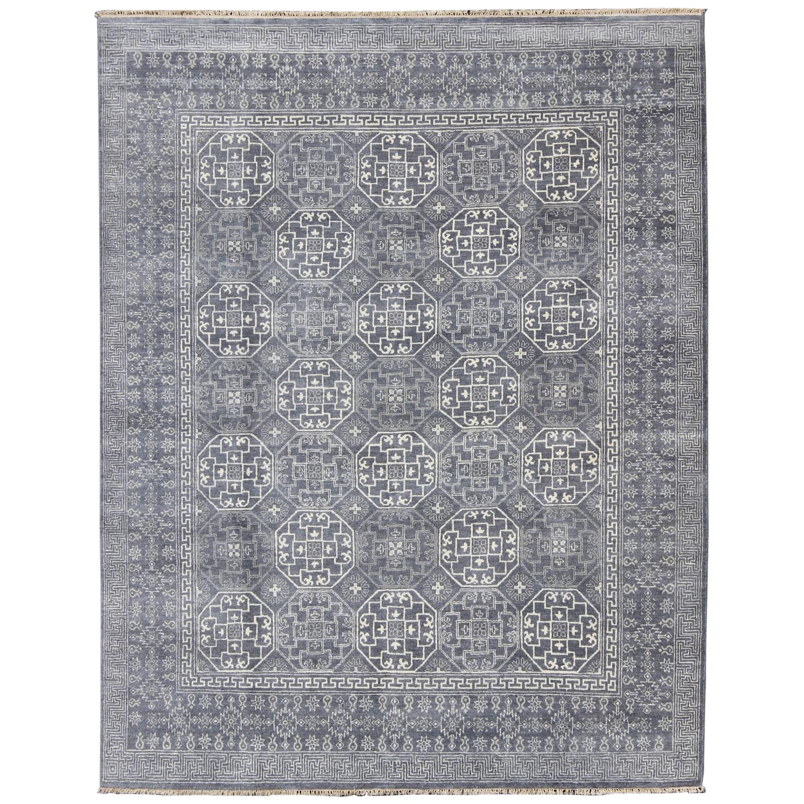 Antique Reproduction Indian Khotan Rug in Shades of Gray and Blue For Sale