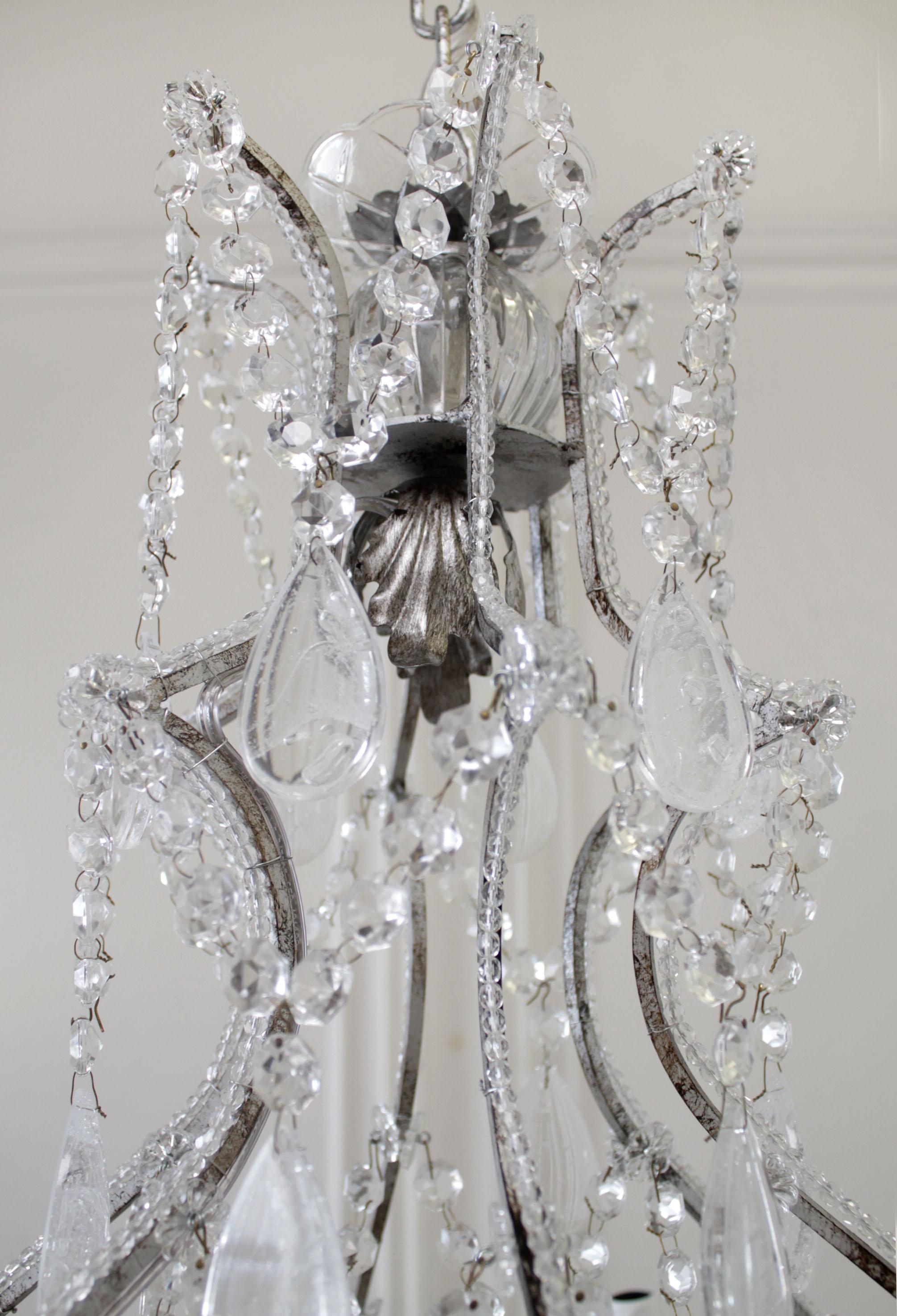 Antique Reproduction Italian Chandelier with Beaded Arms and Rock Style Crystals In New Condition For Sale In Brea, CA