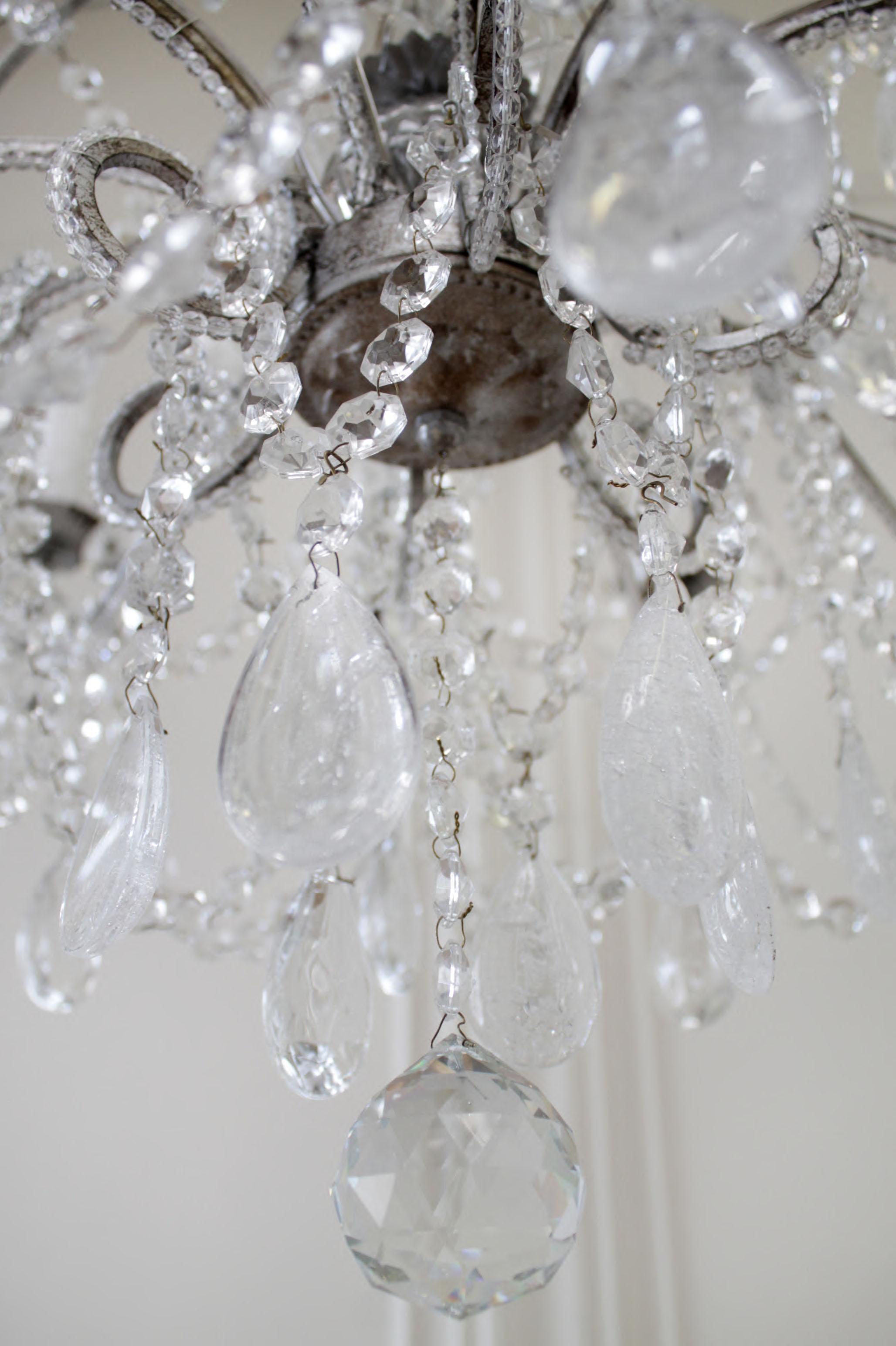 Contemporary Antique Reproduction Italian Chandelier with Beaded Arms and Rock Style Crystals For Sale