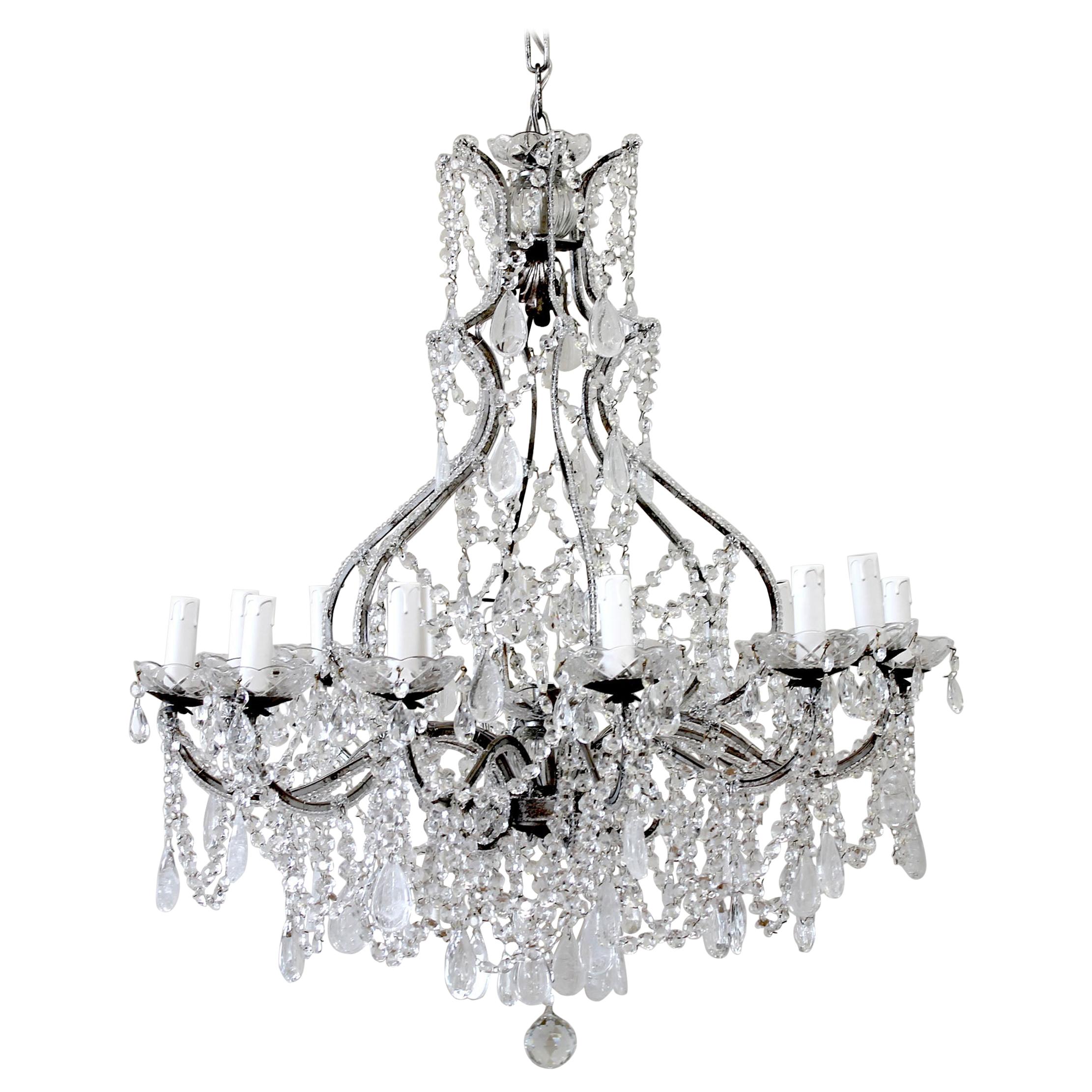 Antique Reproduction Italian Chandelier with Beaded Arms and Rock Style Crystals For Sale