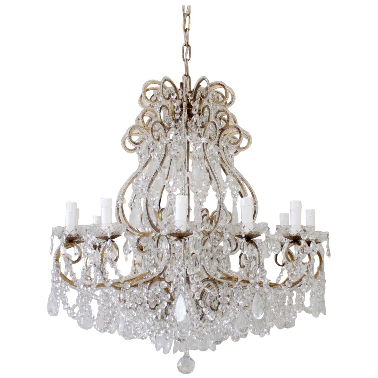 Antique Reproduction Italian Chandelier with Beaded Arms and Rock Style Crystals For Sale