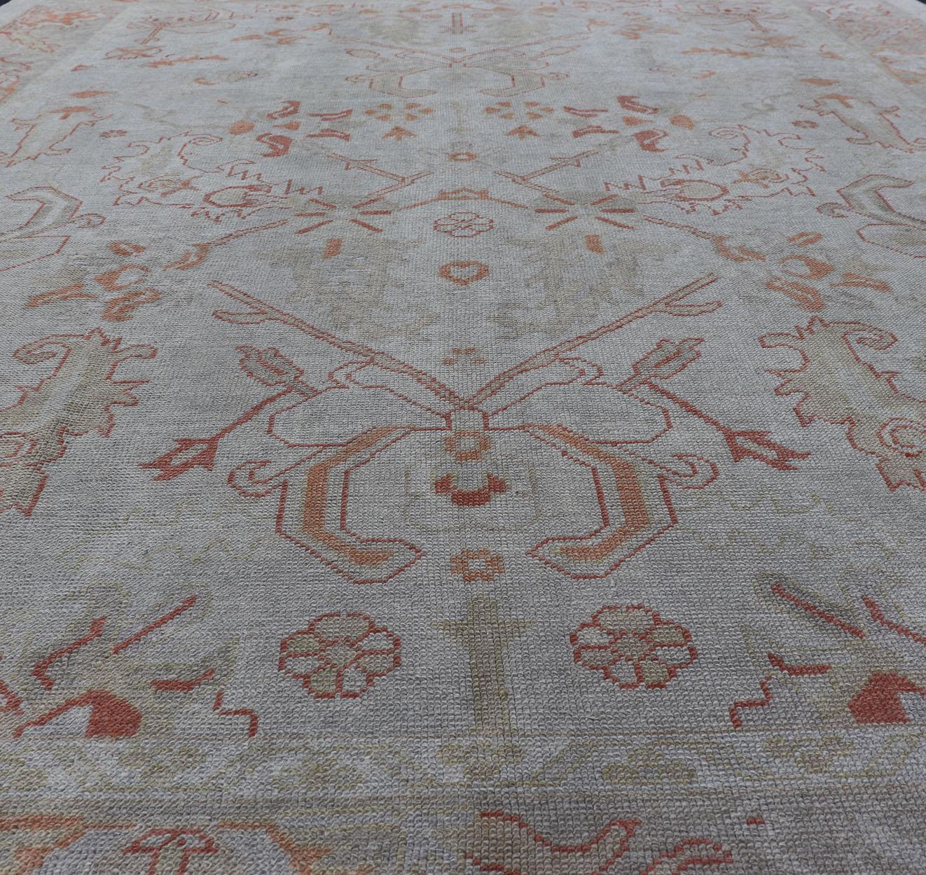 Turkish Oushak with Muted Color Palette and All-Over Design by Keivan Woven Arts. Keivan Woven Arts / rug EN-5058, country of origin / type: Turkey / Oushak. 
Measures: 9'6 x 12'7 
This sub geometric Oushak rug from Turkey features subdued colors in