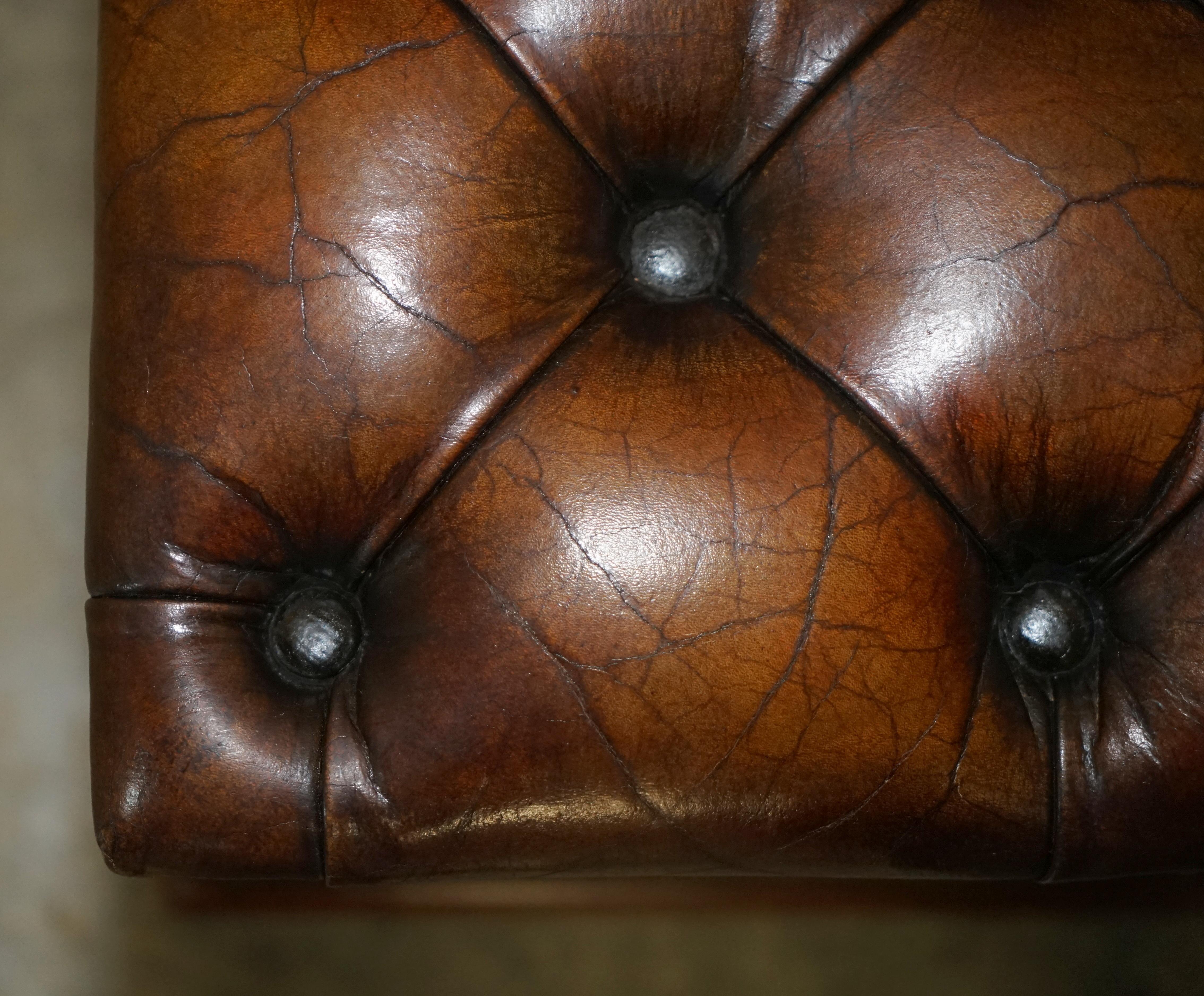 Antique Restored Brown Leather Chesterfield English Oak Footstool Ottoman Stool For Sale 6