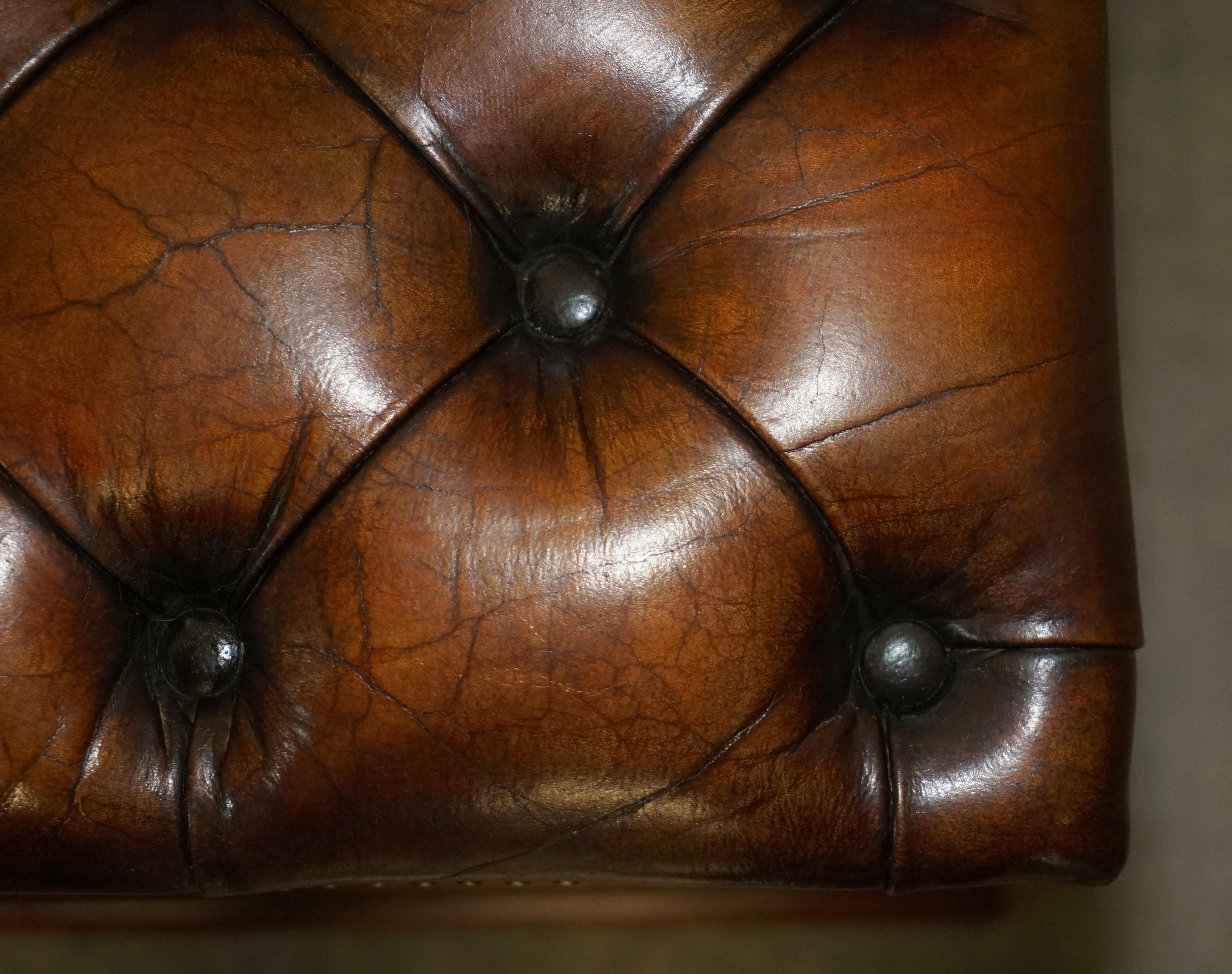 Antique Restored Brown Leather Chesterfield English Oak Footstool Ottoman Stool For Sale 7
