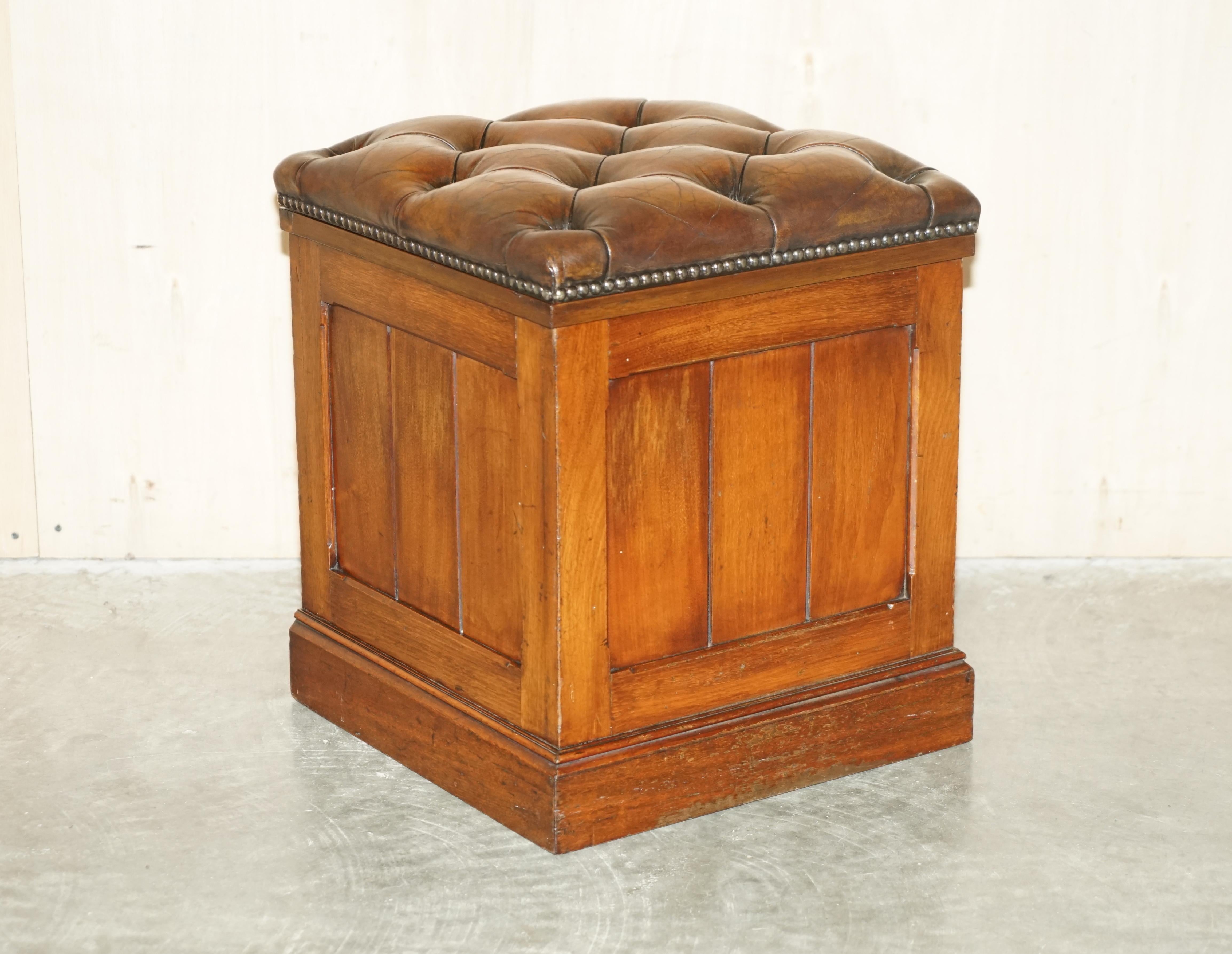 We are delighted to offer for sale this restored Victorian circa 1860-1880, hand dyed cigar brown leather single stool or ottoman with internal storage

Please note the delivery fee listed is just a guide, it covers within the M25 only for the UK