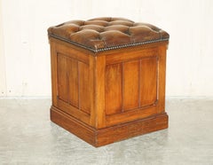 Antique Restored Brown Leather Chesterfield English Oak Footstool Ottoman Stool