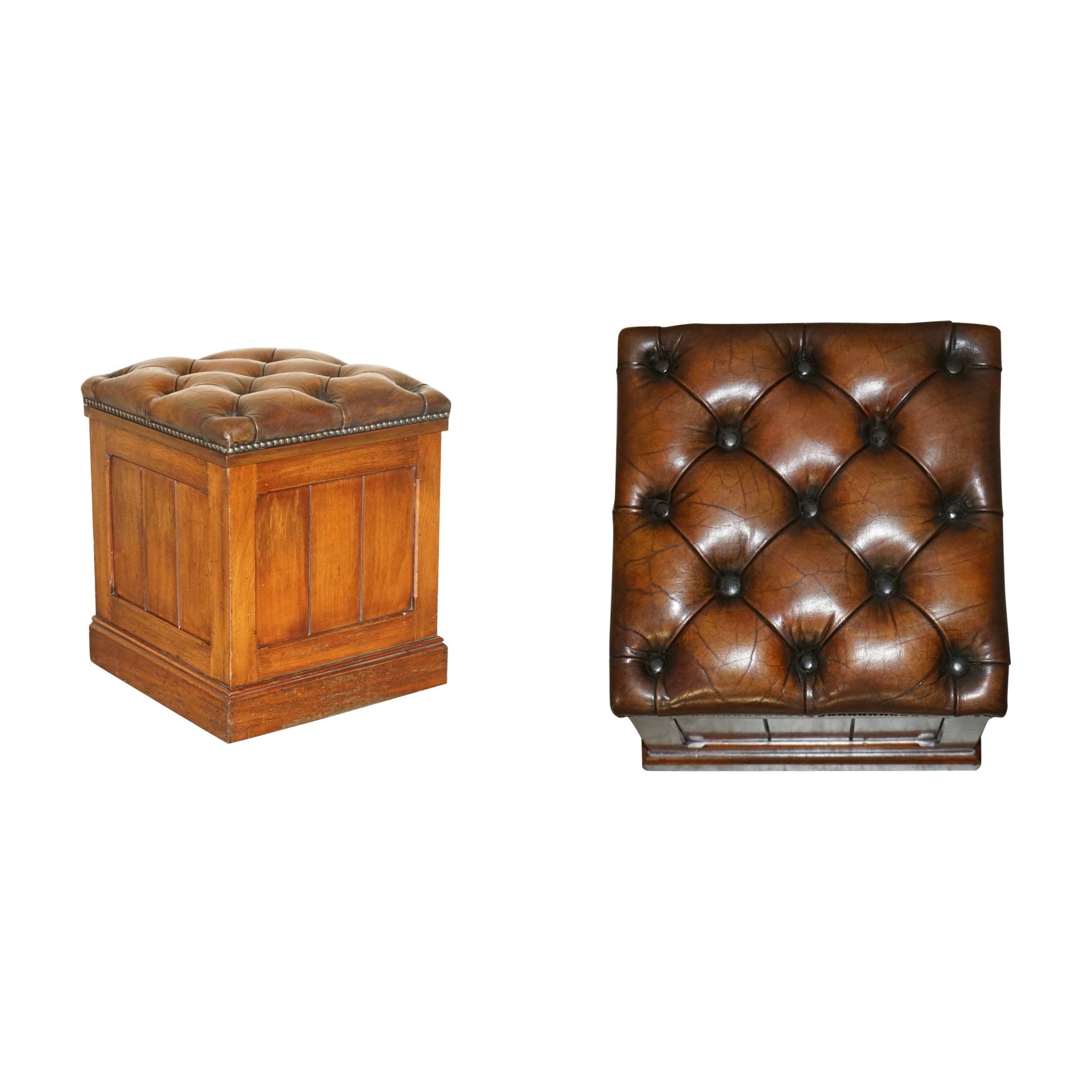 Antique Restored Brown Leather Chesterfield English Oak Footstool Ottoman Stool
