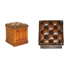 Ancien tabouret en cuir marron restauré CHESTERFiELD ENGLISH OAK FOOTSTOOL OTTOMAN STOOL
