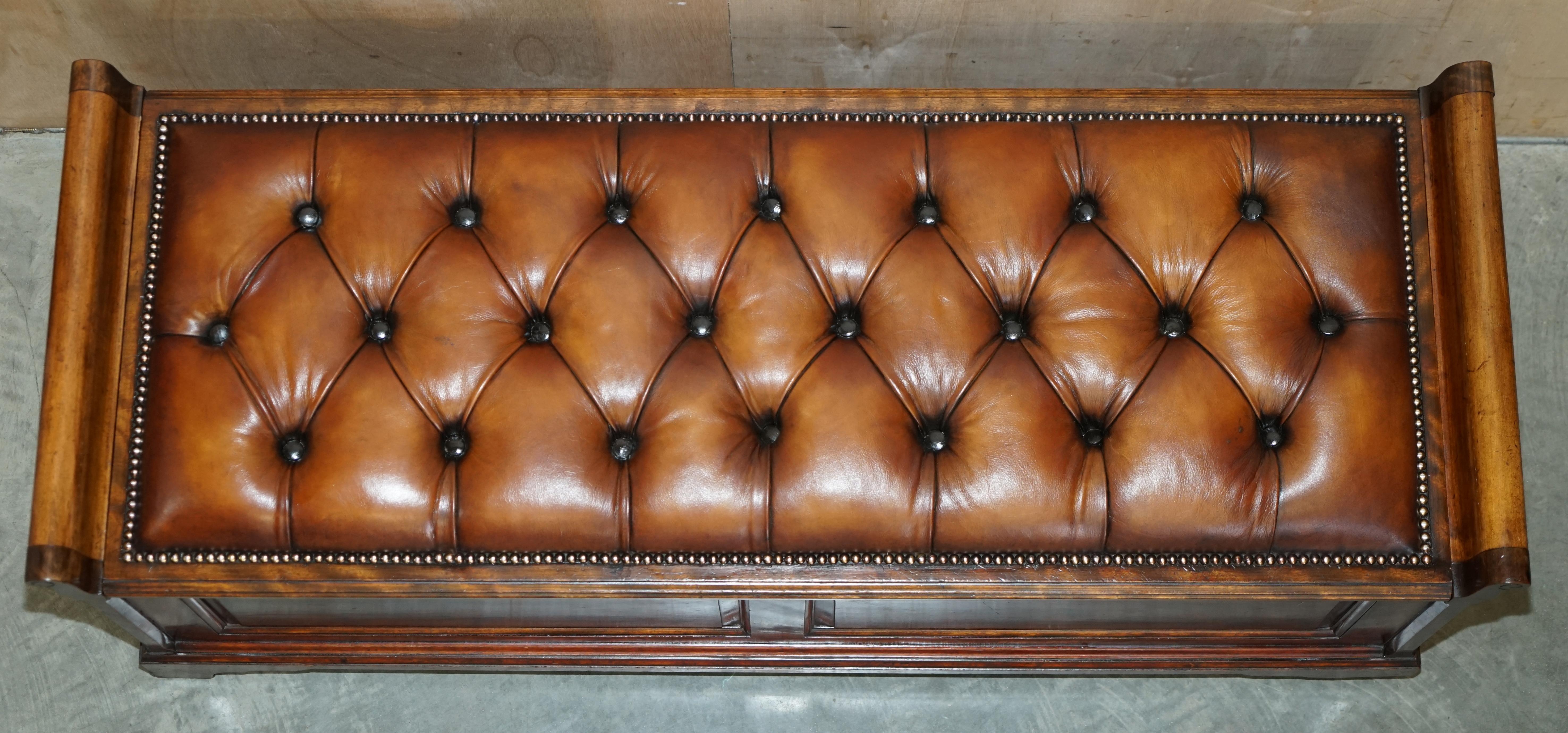 Antique Restored Brown Leather Chesterfield Flamed Hardwood Hall Bench Ottoman For Sale 1
