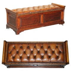 Antique Restored Brown Leather Chesterfield Flamed Hardwood Hall Bench Ottoman