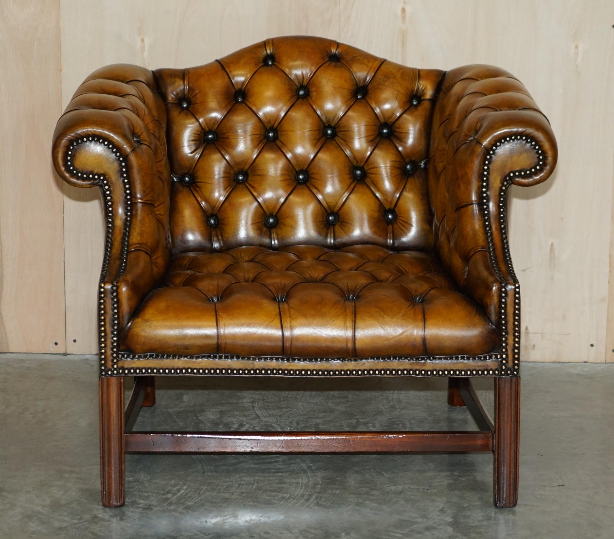 English Antique Restored Brown Leather Chesterfield Library Armchairs Sofa Stool Suite For Sale