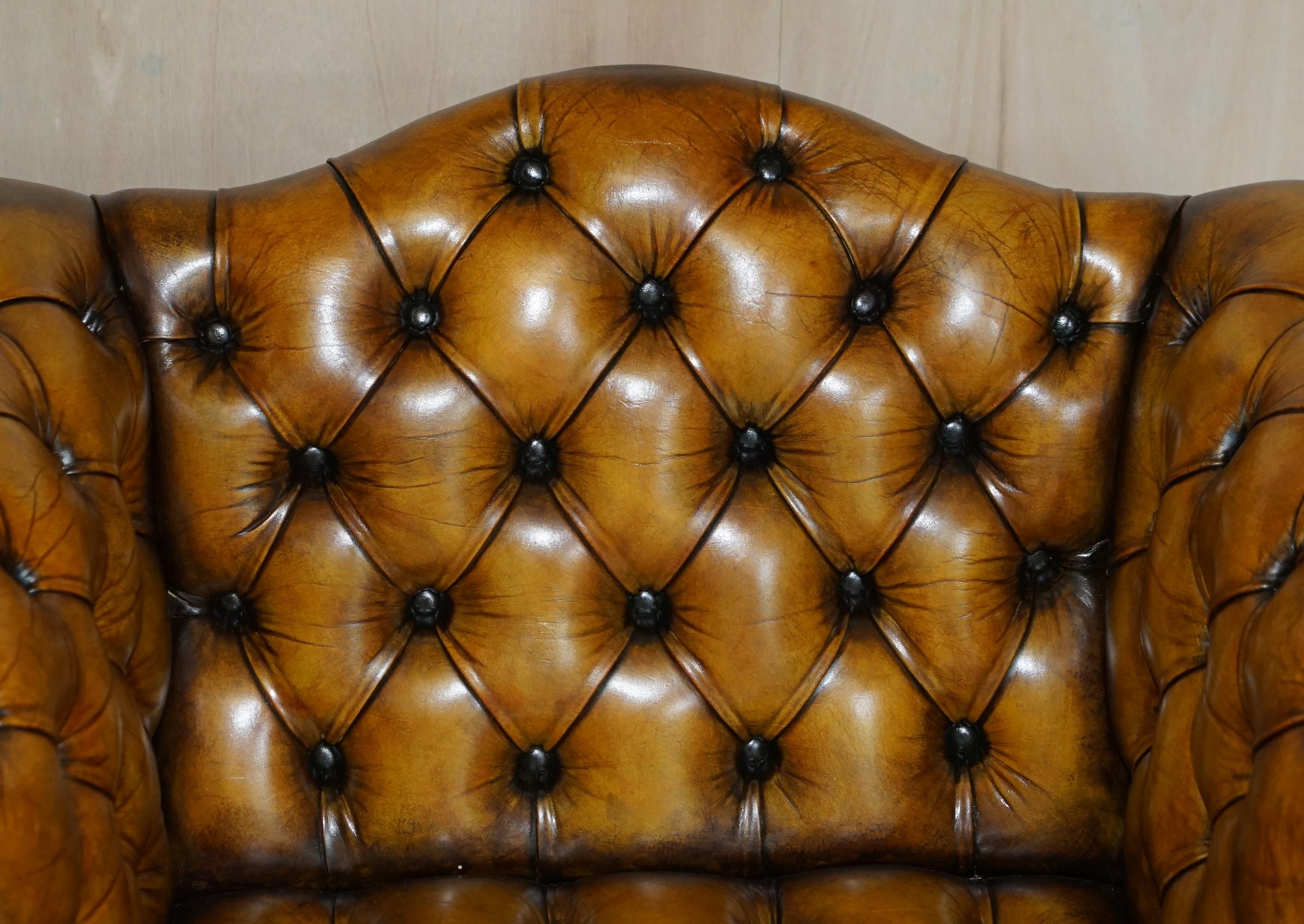 Hand-Crafted Antique Restored Brown Leather Chesterfield Library Armchairs Sofa Stool Suite For Sale