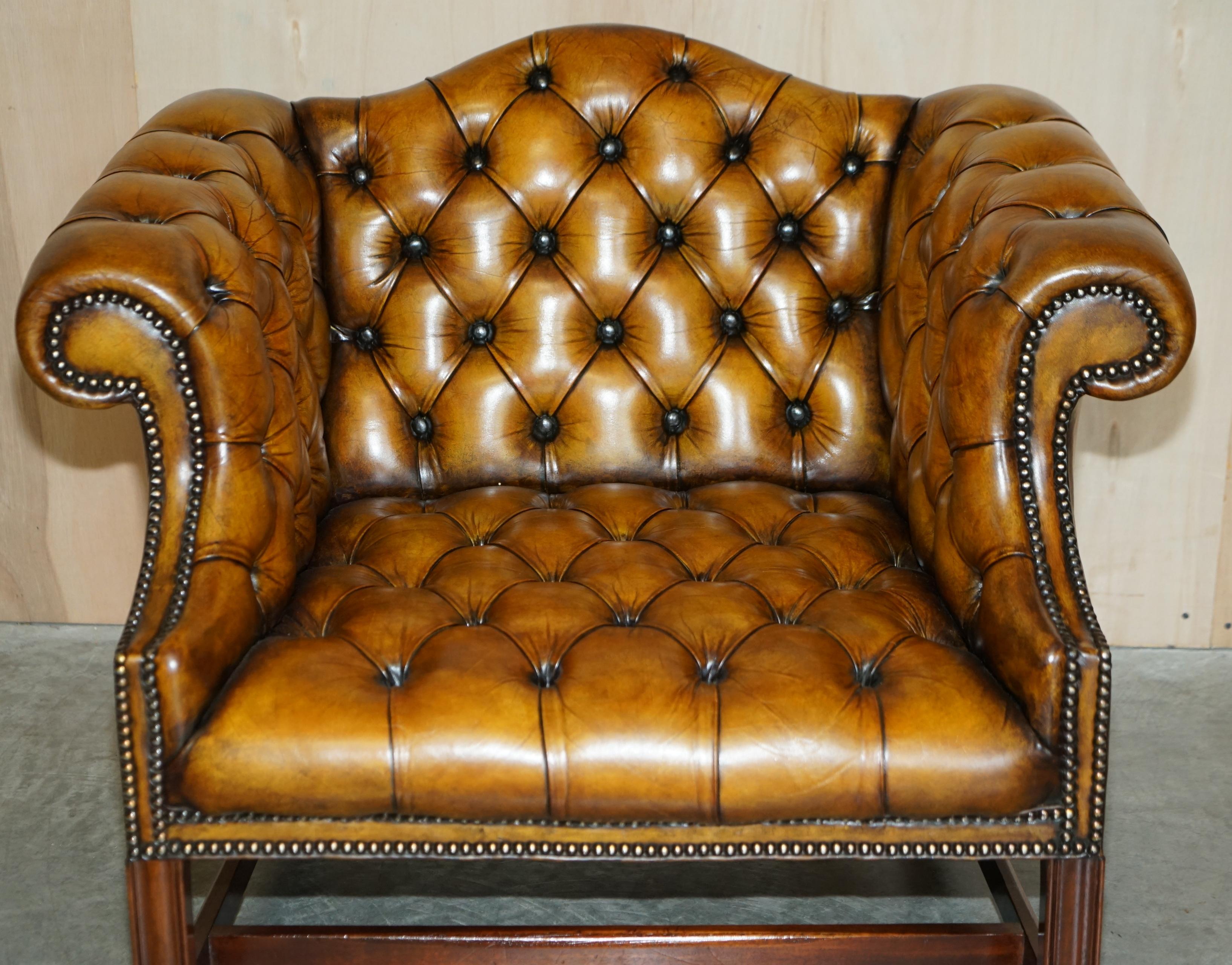 Late 19th Century Antique Restored Brown Leather Chesterfield Library Armchairs Sofa Stool Suite For Sale