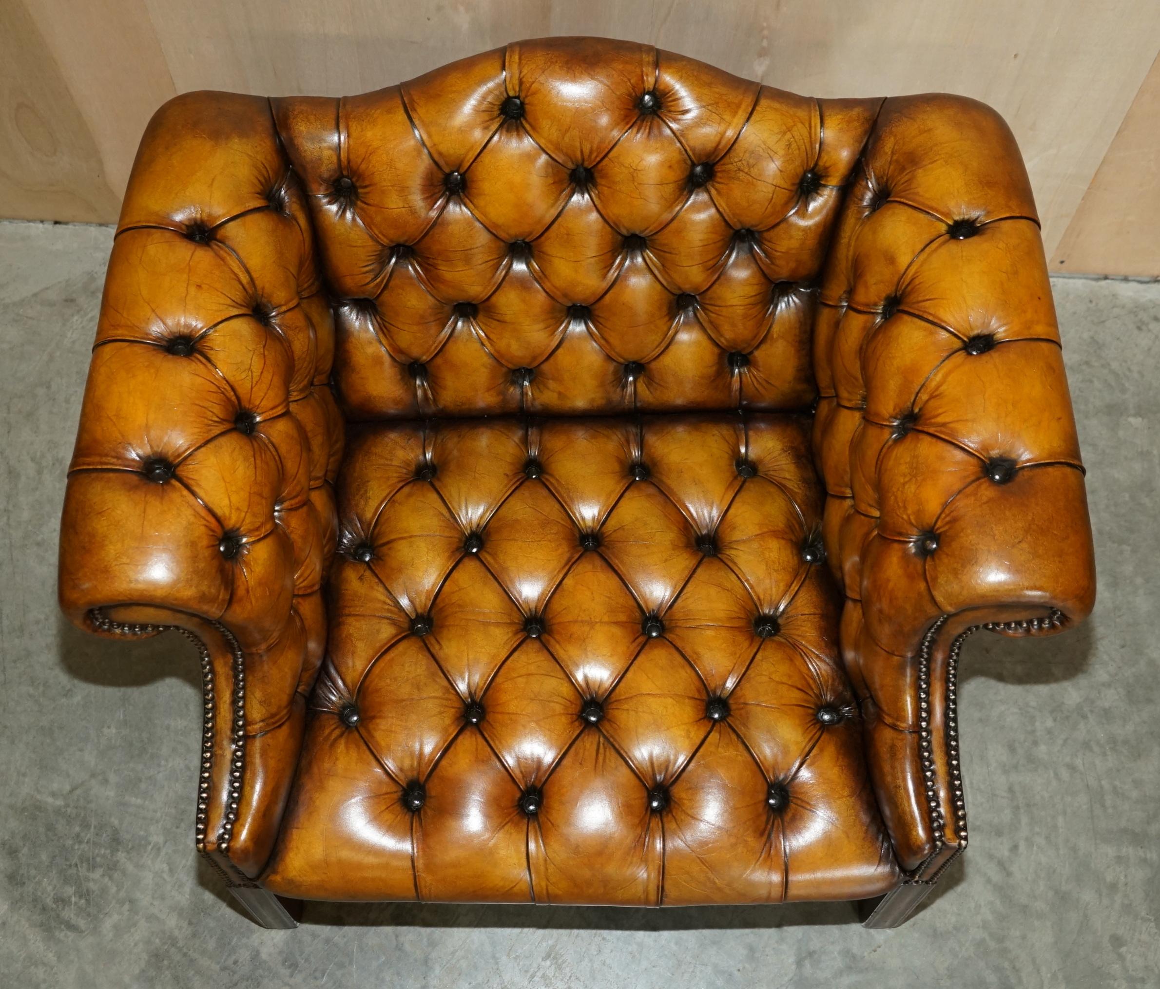 Antique Restored Brown Leather Chesterfield Library Armchairs Sofa Stool Suite For Sale 2
