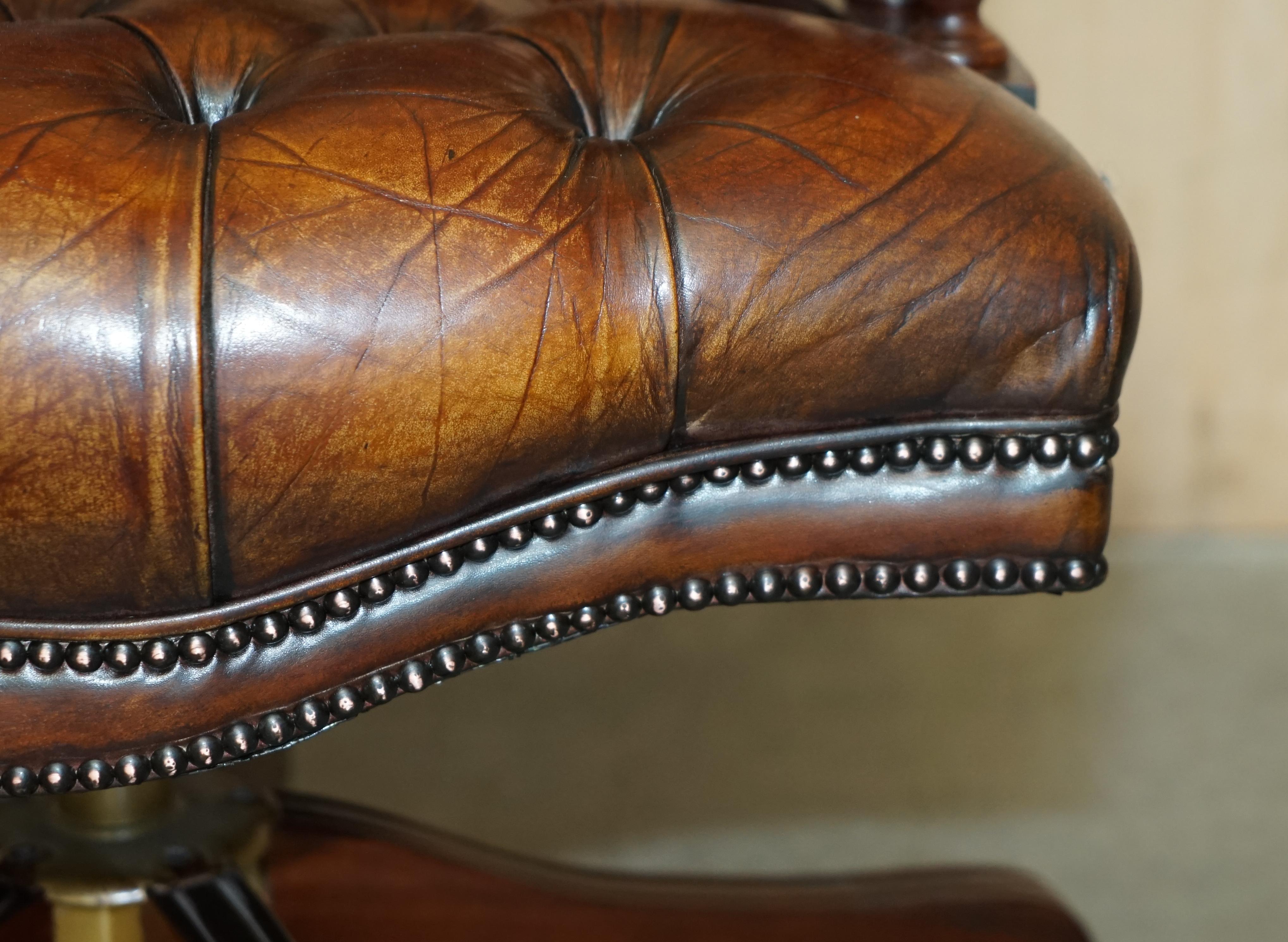 Antique Restored Cigar Brown Leather Brass Castors Chesterfield Captain Armchair For Sale 5