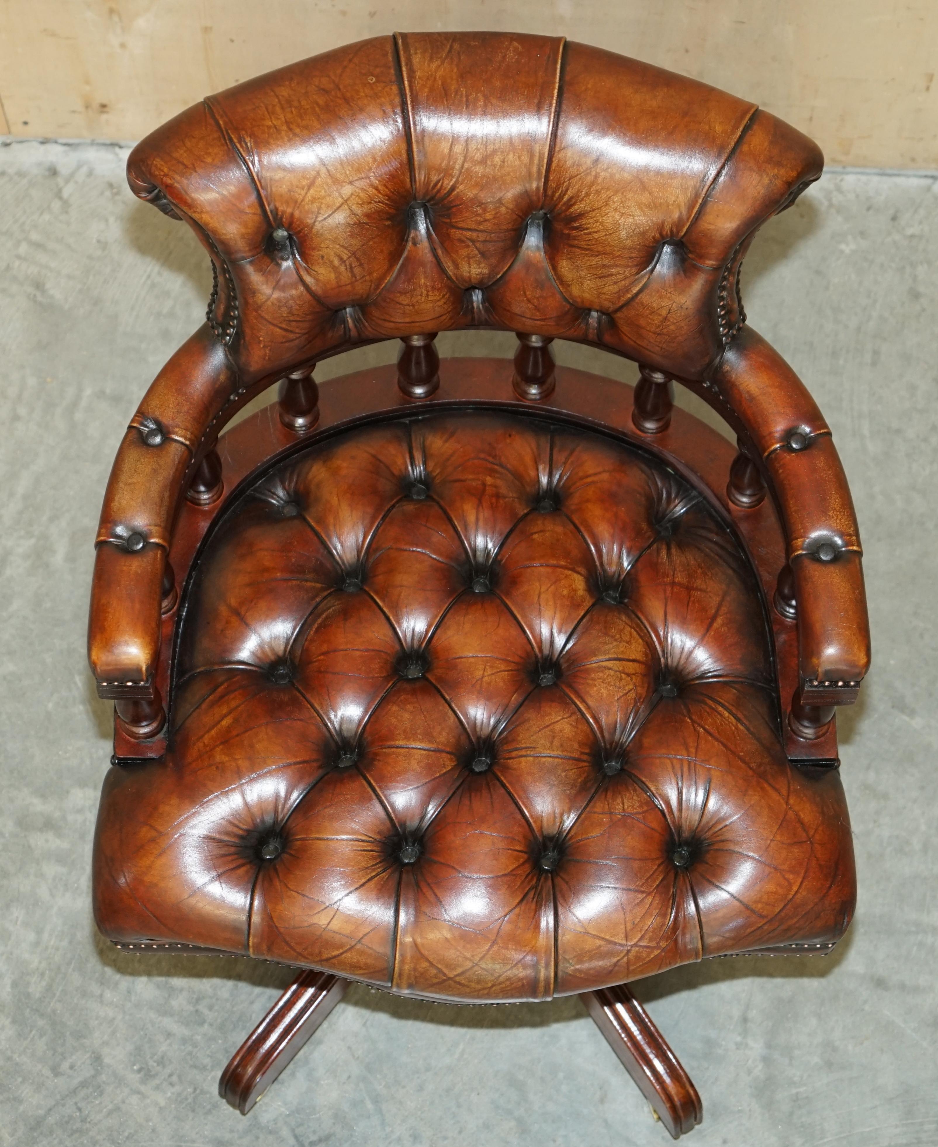 Antique Restored Cigar Brown Leather Brass Castors Chesterfield Captain Armchair For Sale 11