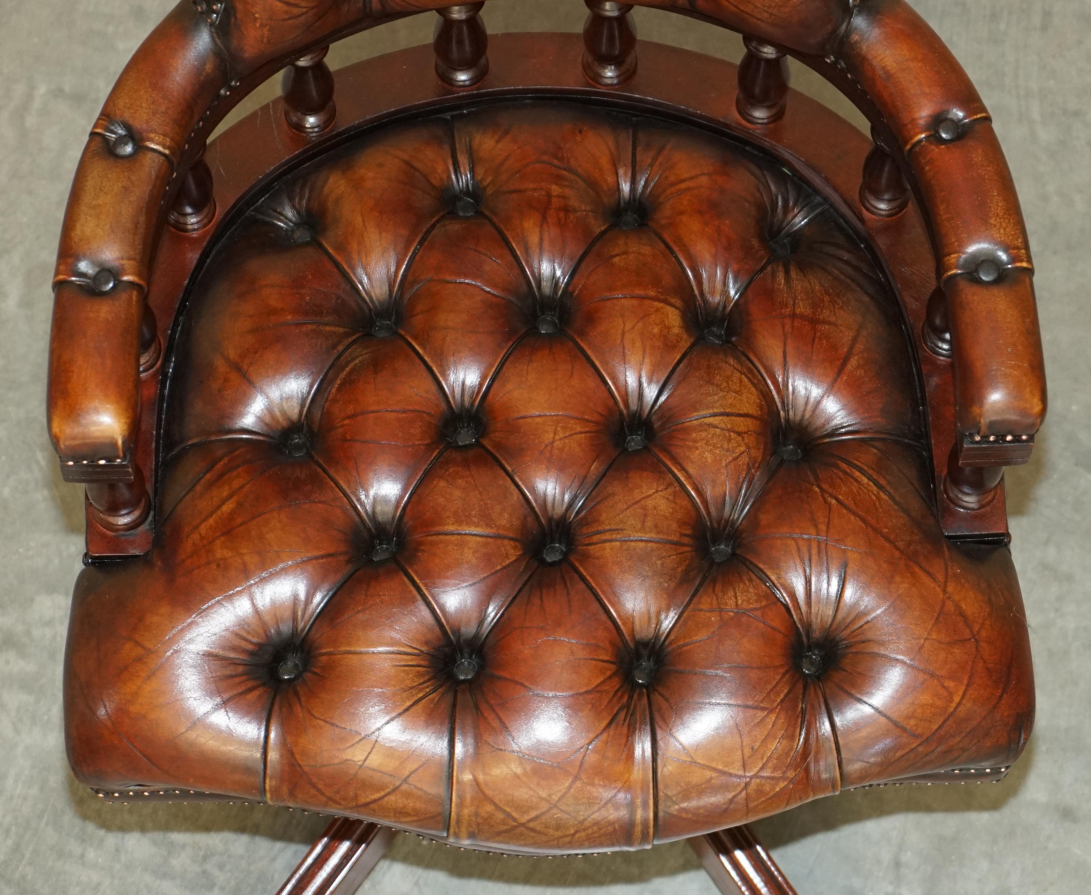 Antique Restored Cigar Brown Leather Brass Castors Chesterfield Captain Armchair For Sale 11