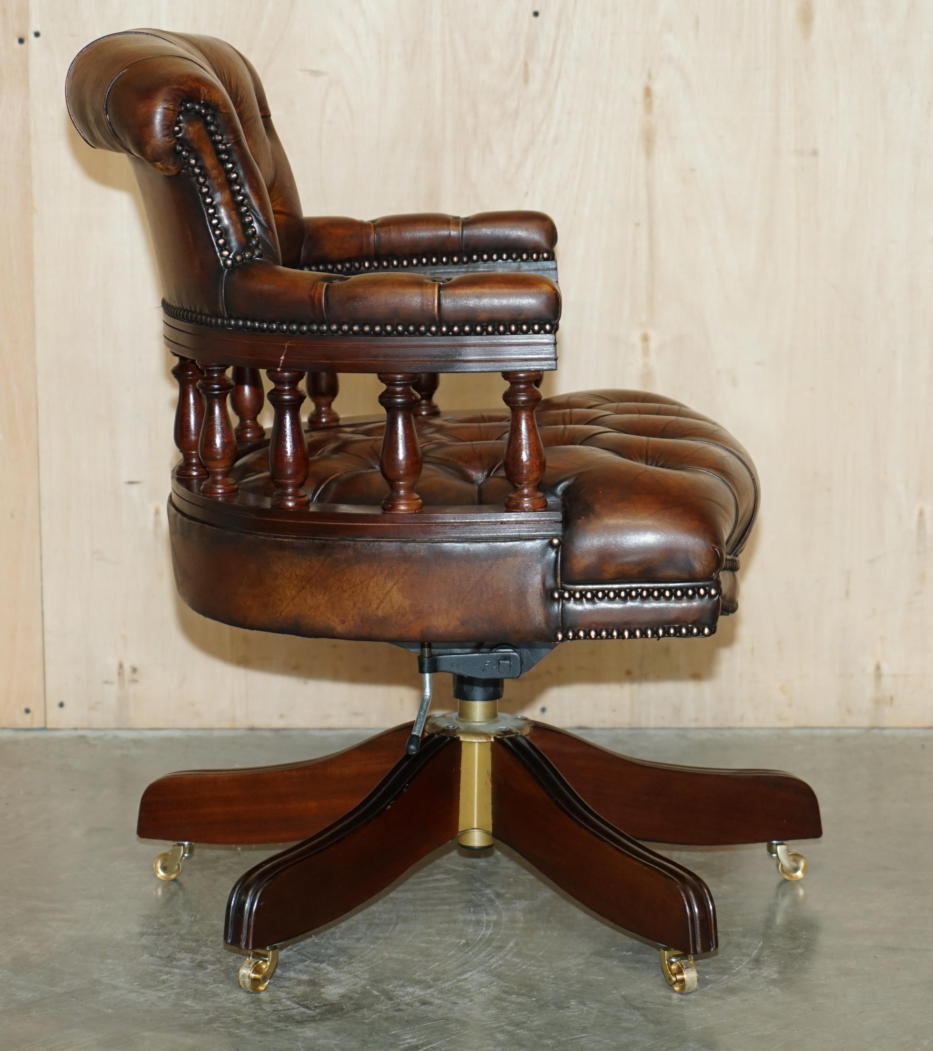 Antique Restored Cigar Brown Leather Brass Castors Chesterfield Captain Armchair For Sale 13