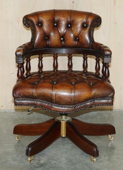 Antique Restored Cigar Brown Leather Brass Castors Chesterfield Captain Armchair