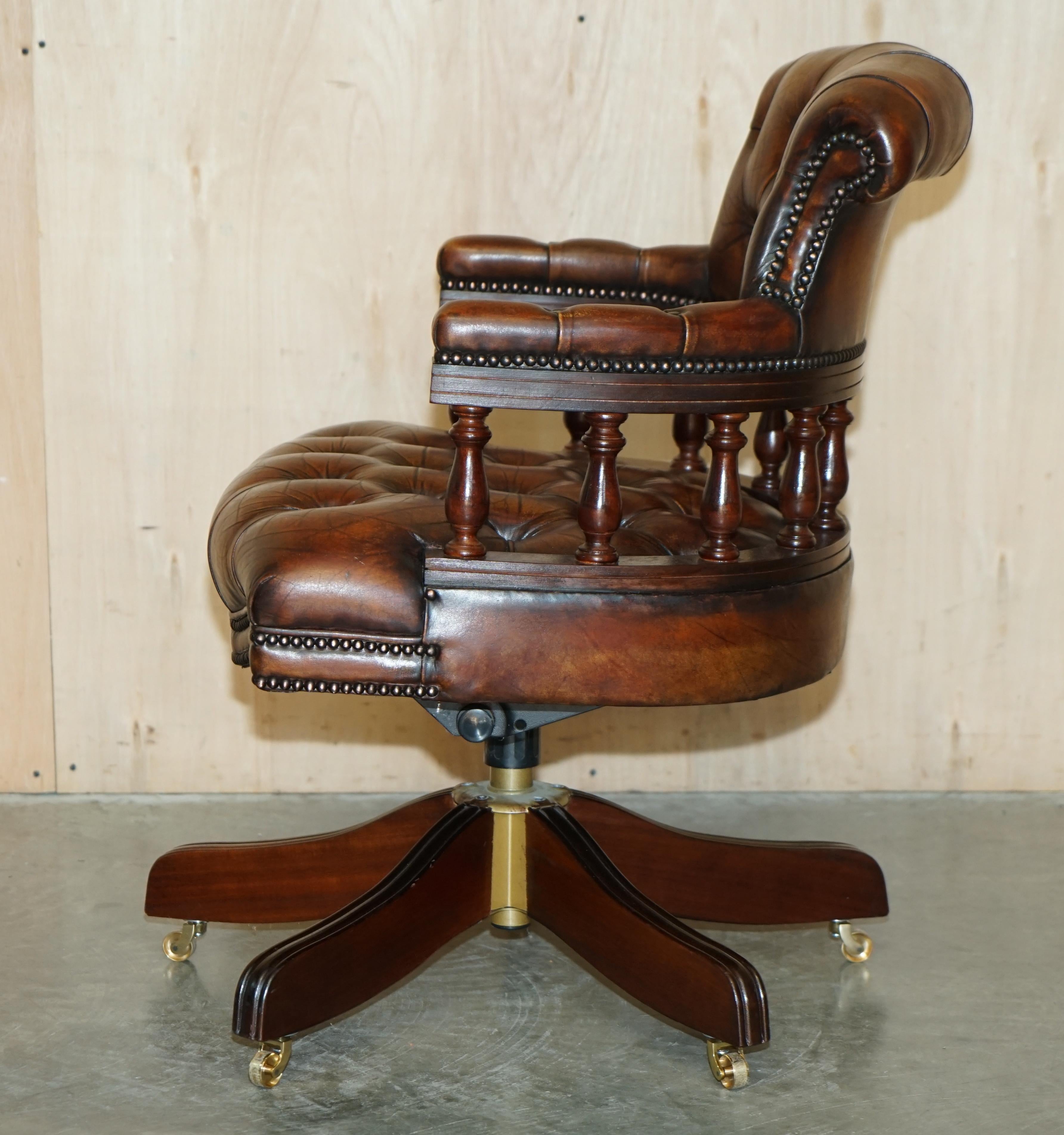 Antique Restored Cigar Brown Leather Brass Castors Chesterfield Captain Armchair For Sale 15