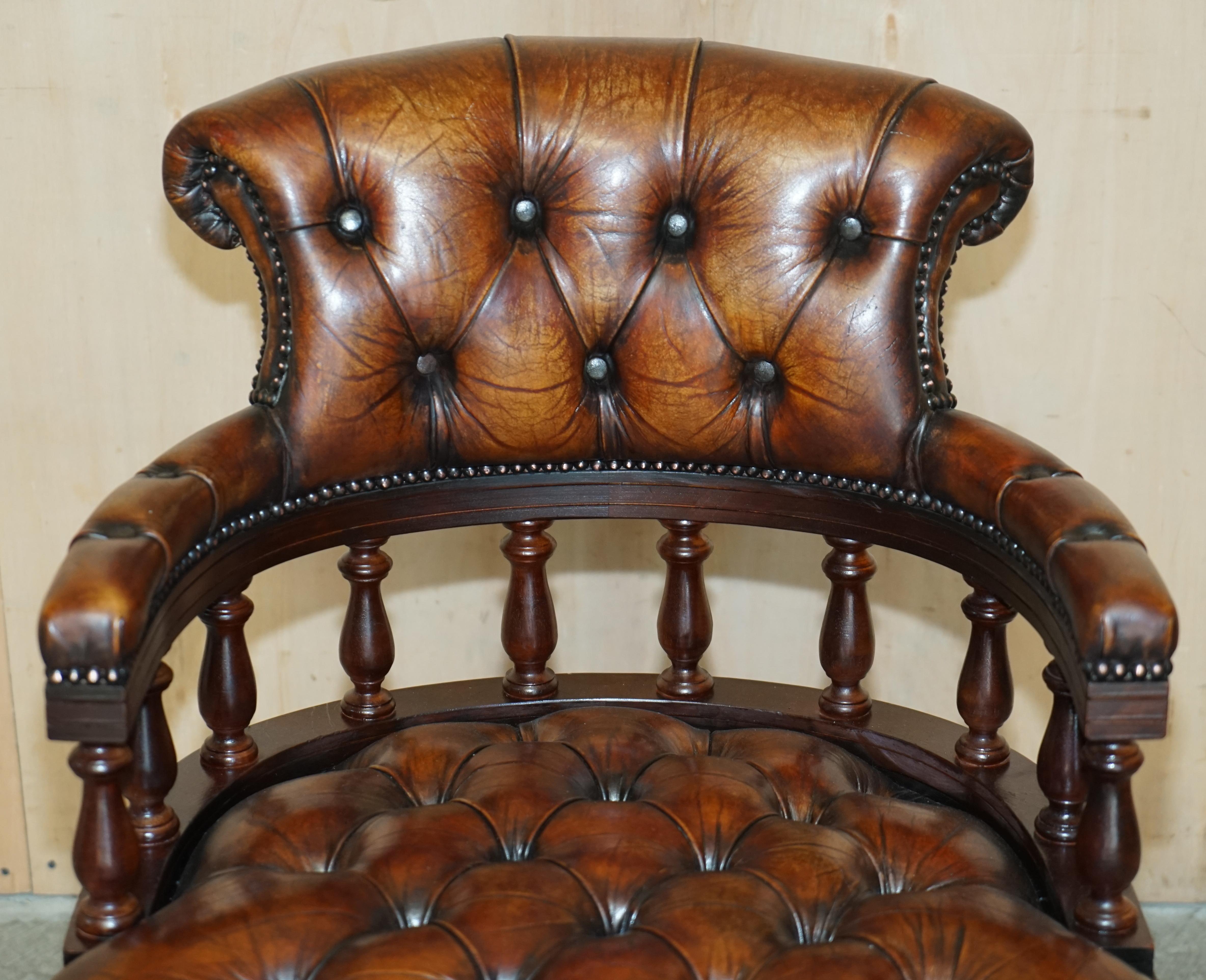 English Antique Restored Cigar Brown Leather Brass Castors Chesterfield Captain Armchair For Sale