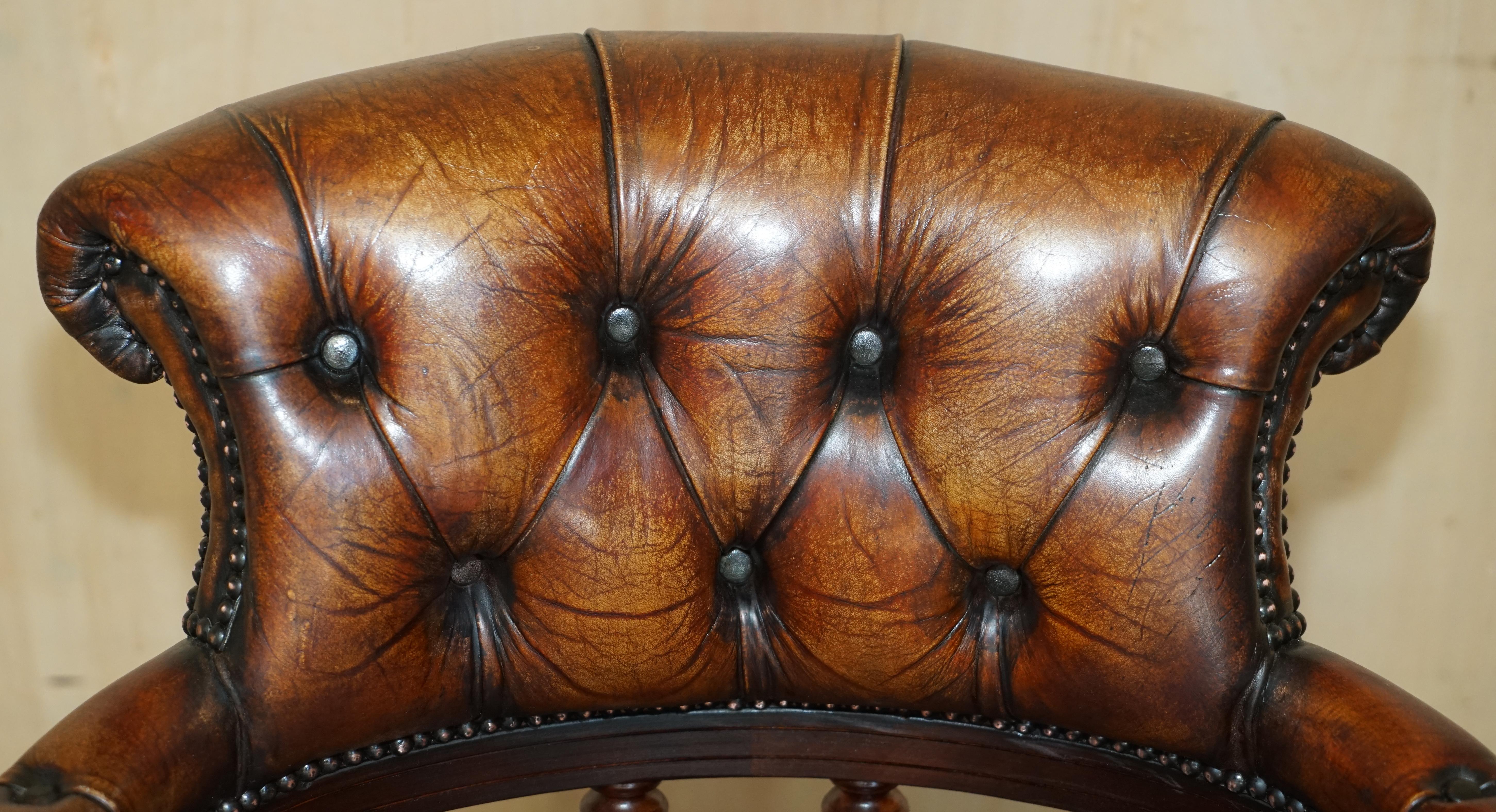 Hand-Crafted Antique Restored Cigar Brown Leather Brass Castors Chesterfield Captain Armchair For Sale