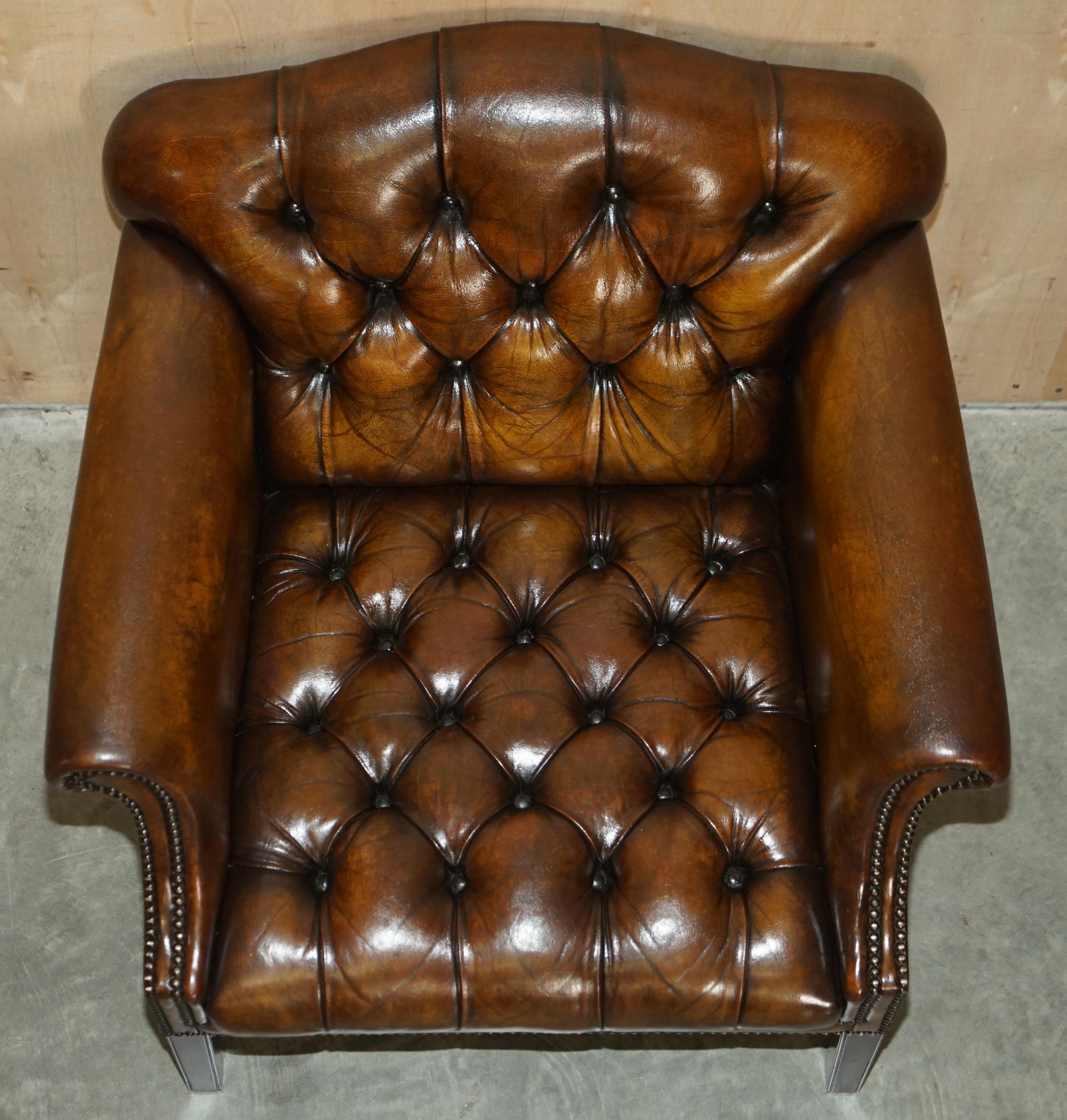 Antique Restored Cigar Brown Leather Chesterfield Tufted Library Armchair For Sale 4