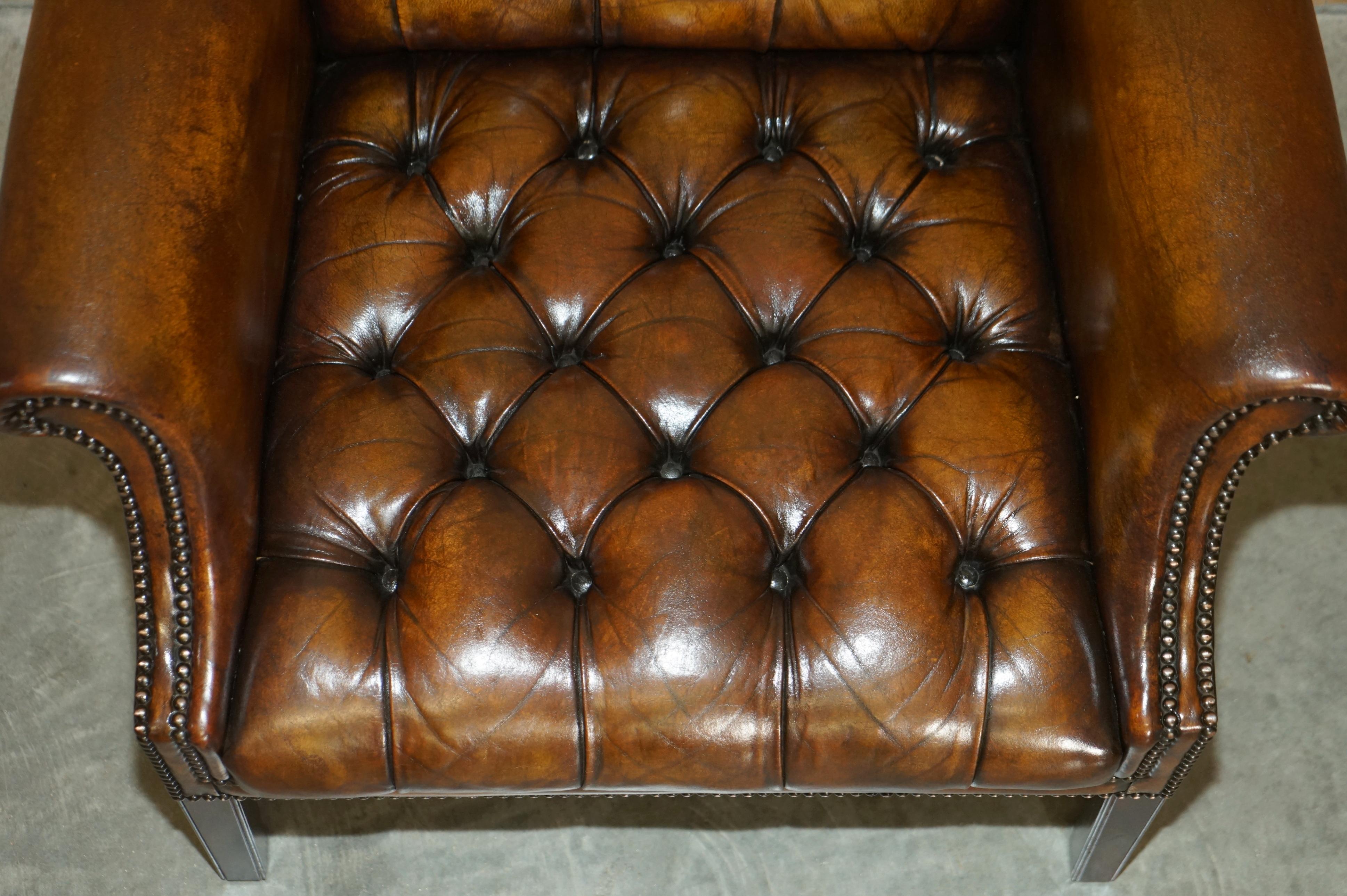 Antique Restored Cigar Brown Leather Chesterfield Tufted Library Armchair For Sale 5
