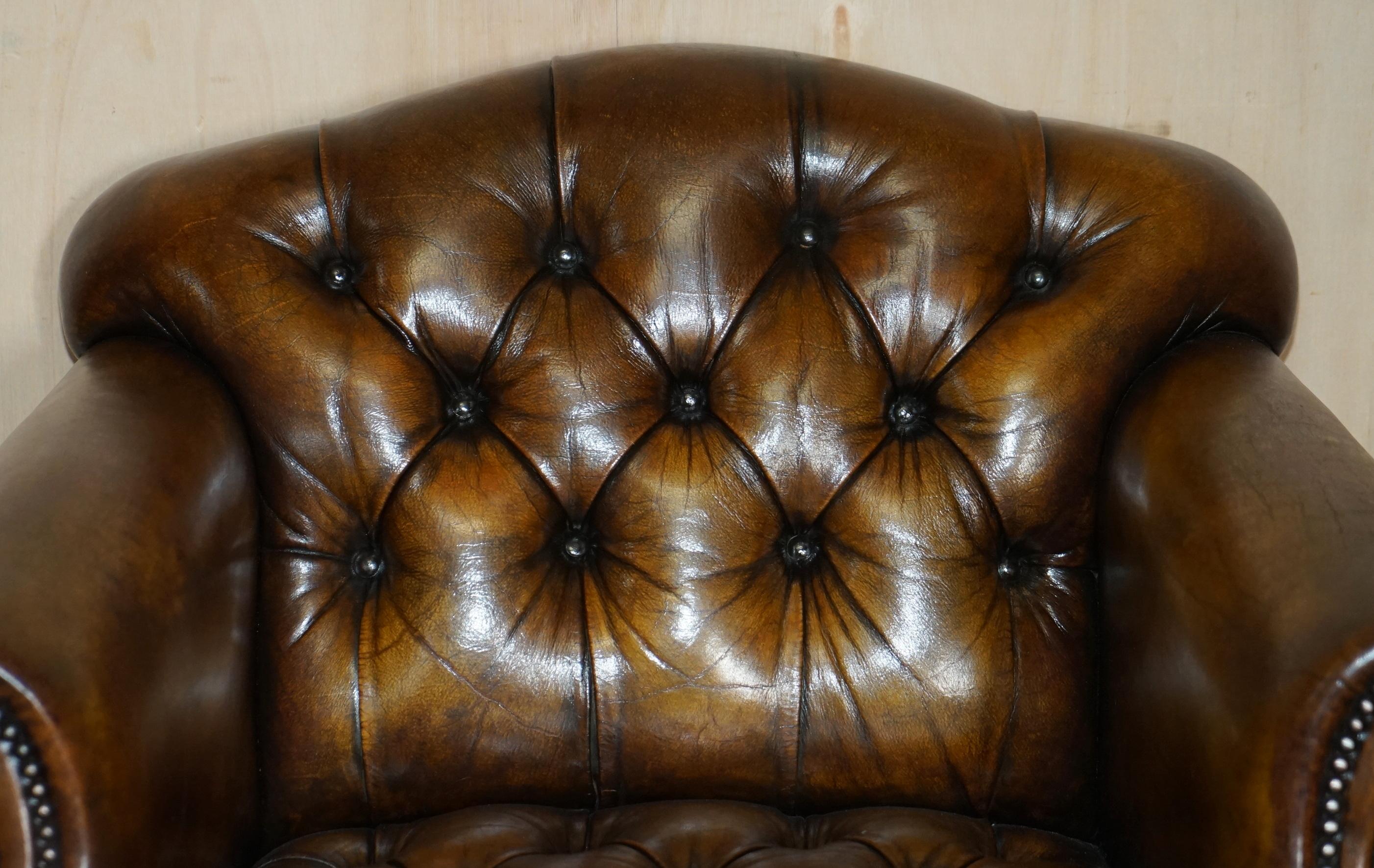 Late Victorian Antique Restored Cigar Brown Leather Chesterfield Tufted Library Armchair For Sale