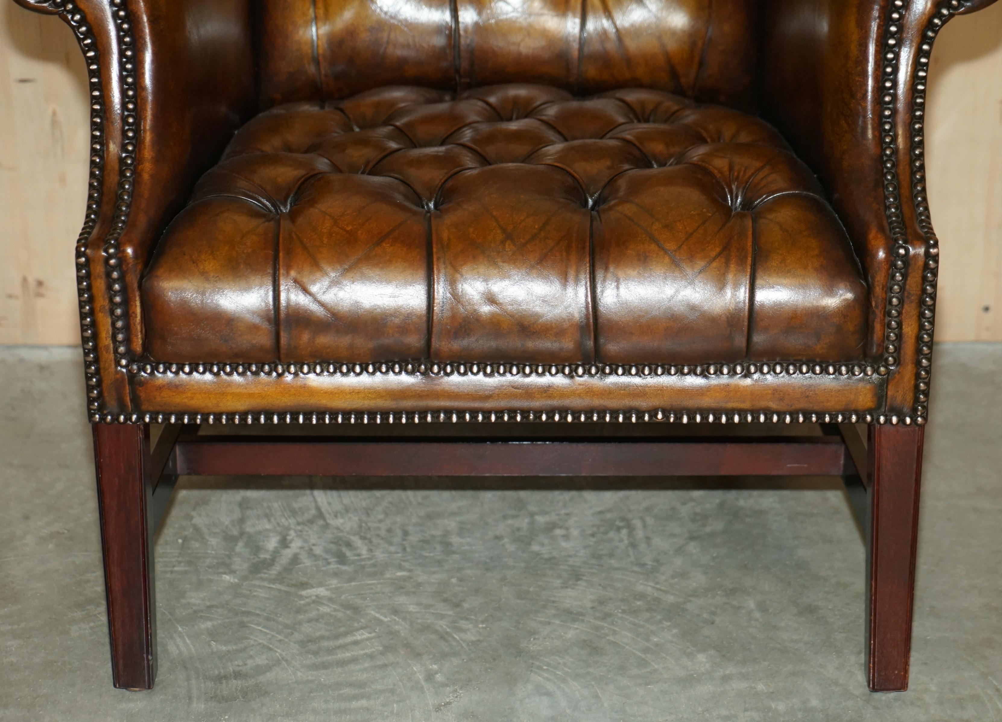 English Antique Restored Cigar Brown Leather Chesterfield Tufted Library Armchair For Sale