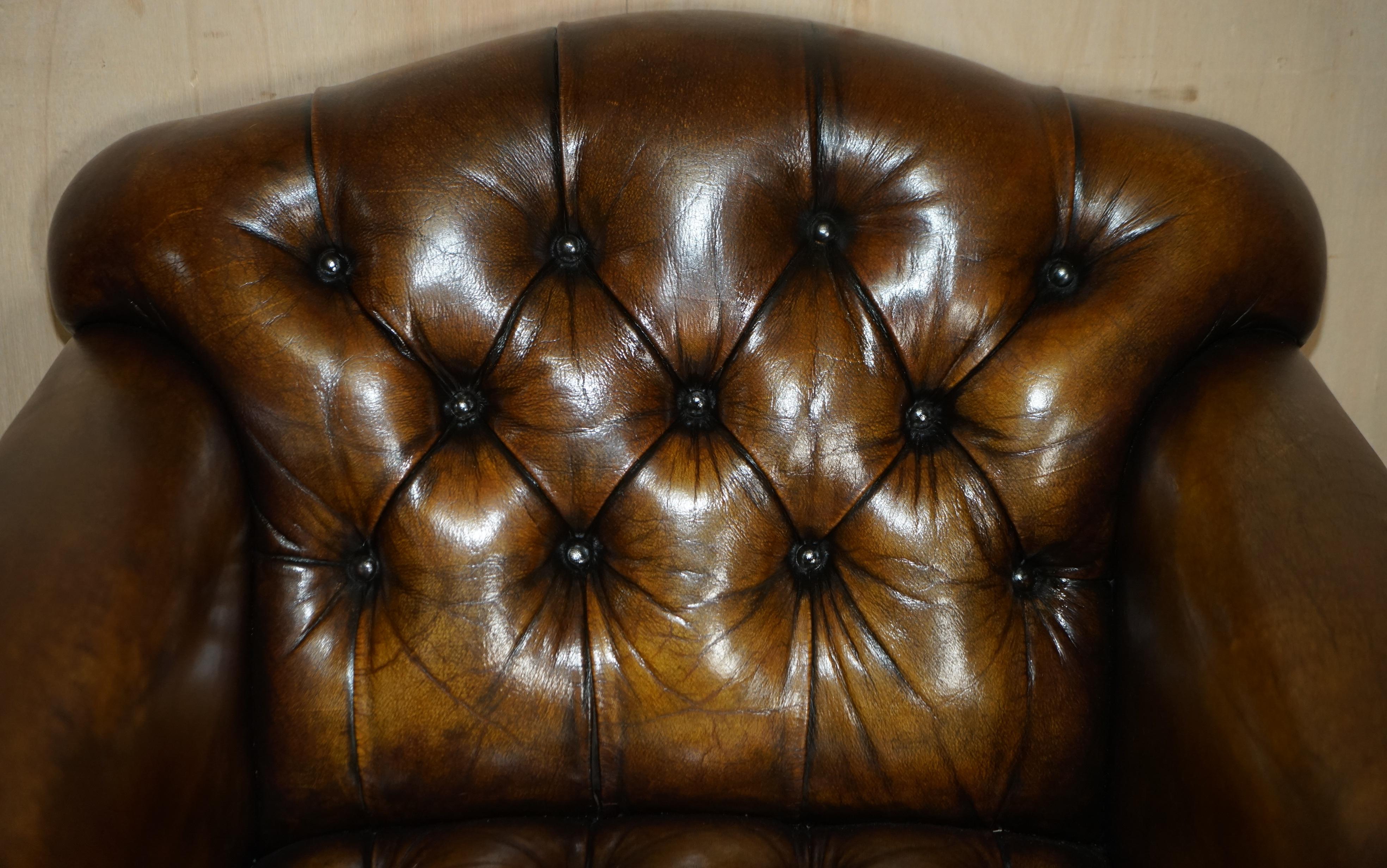 Hand-Crafted Antique Restored Cigar Brown Leather Chesterfield Tufted Library Armchair For Sale