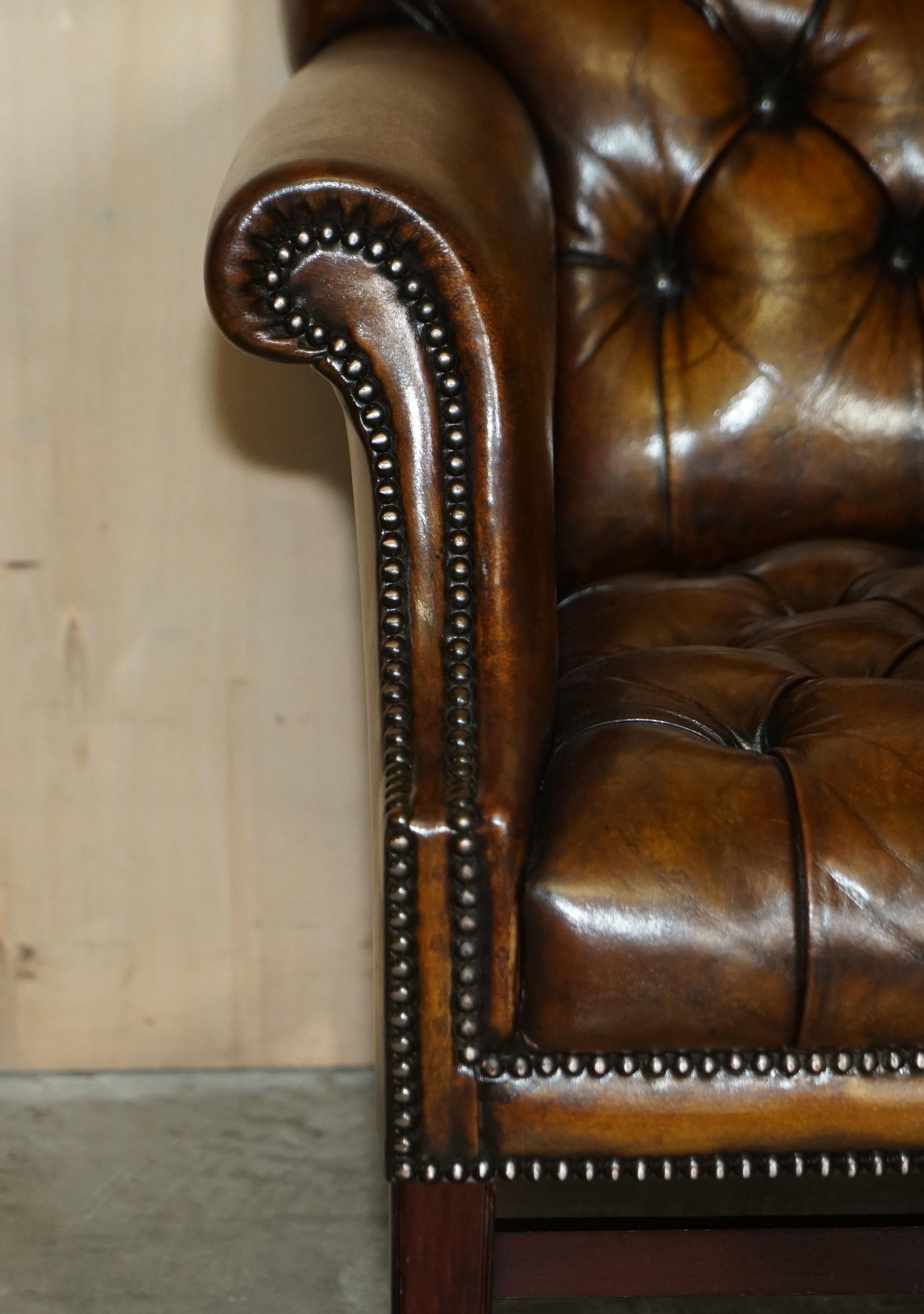 Early 20th Century Antique Restored Cigar Brown Leather Chesterfield Tufted Library Armchair For Sale