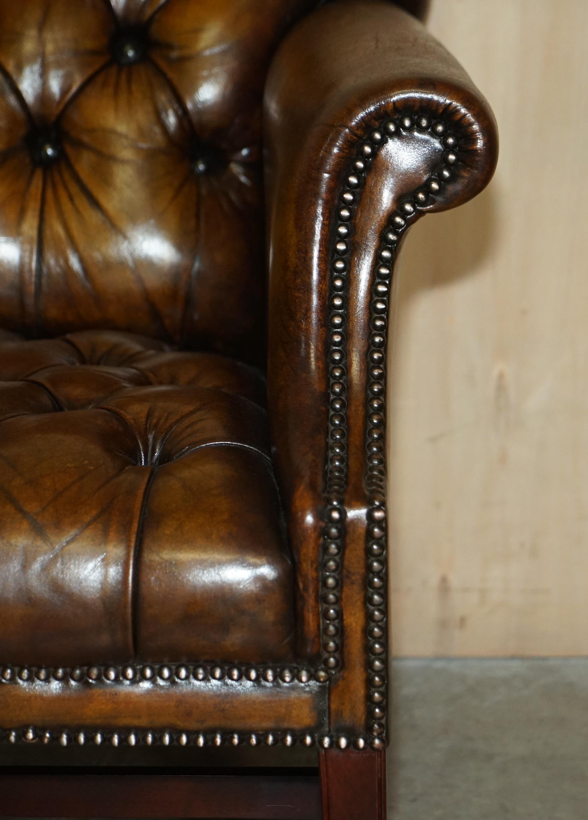 Antique Restored Cigar Brown Leather Chesterfield Tufted Library Armchair For Sale 1